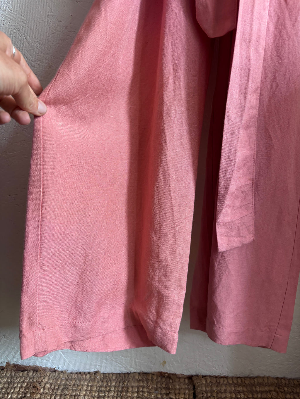 OYSHO Dusty Pink Linen V Neck Blend Short Sleeve Belted Jumpsuit