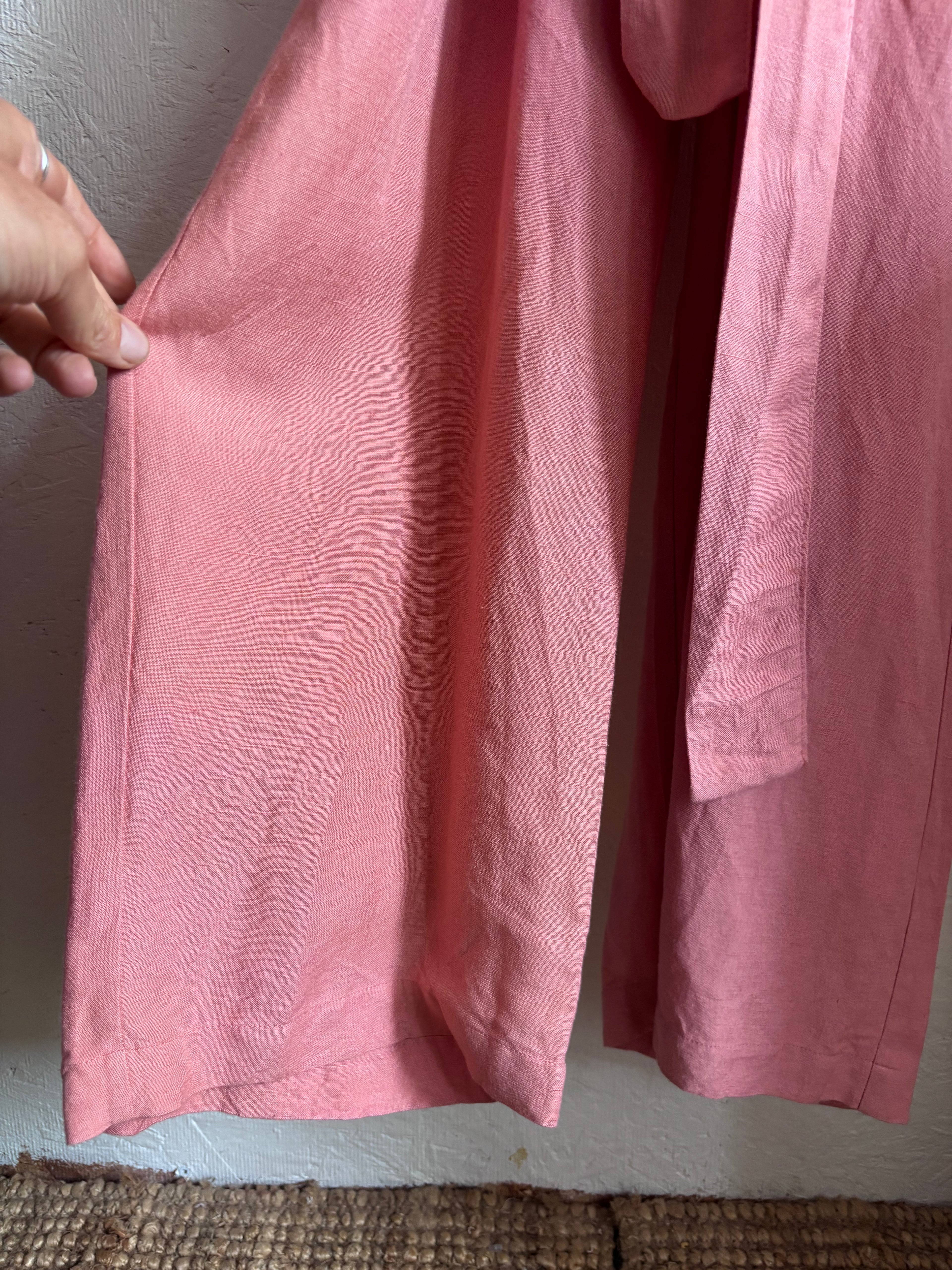 OYSHO Dusty Pink Linen V Neck Blend Short Sleeve Belted Jumpsuit