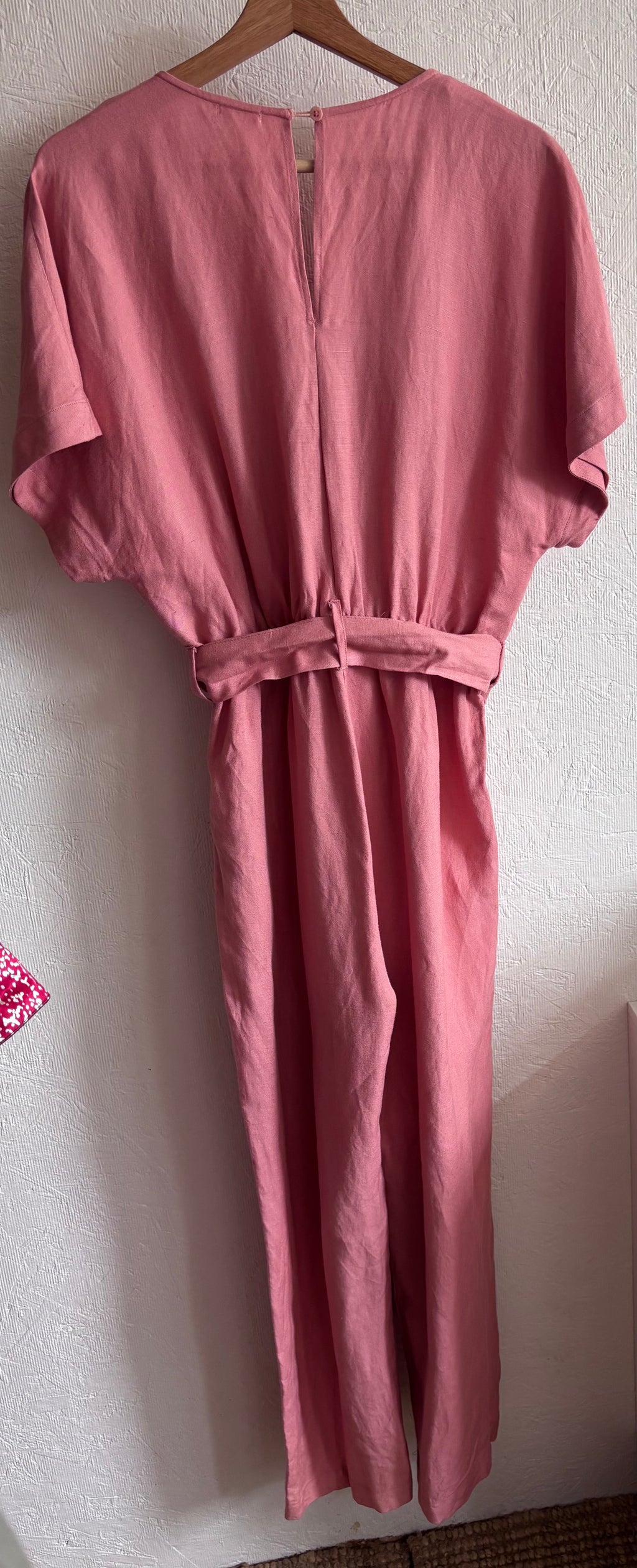 OYSHO Dusty Pink Linen V Neck Blend Short Sleeve Belted Jumpsuit