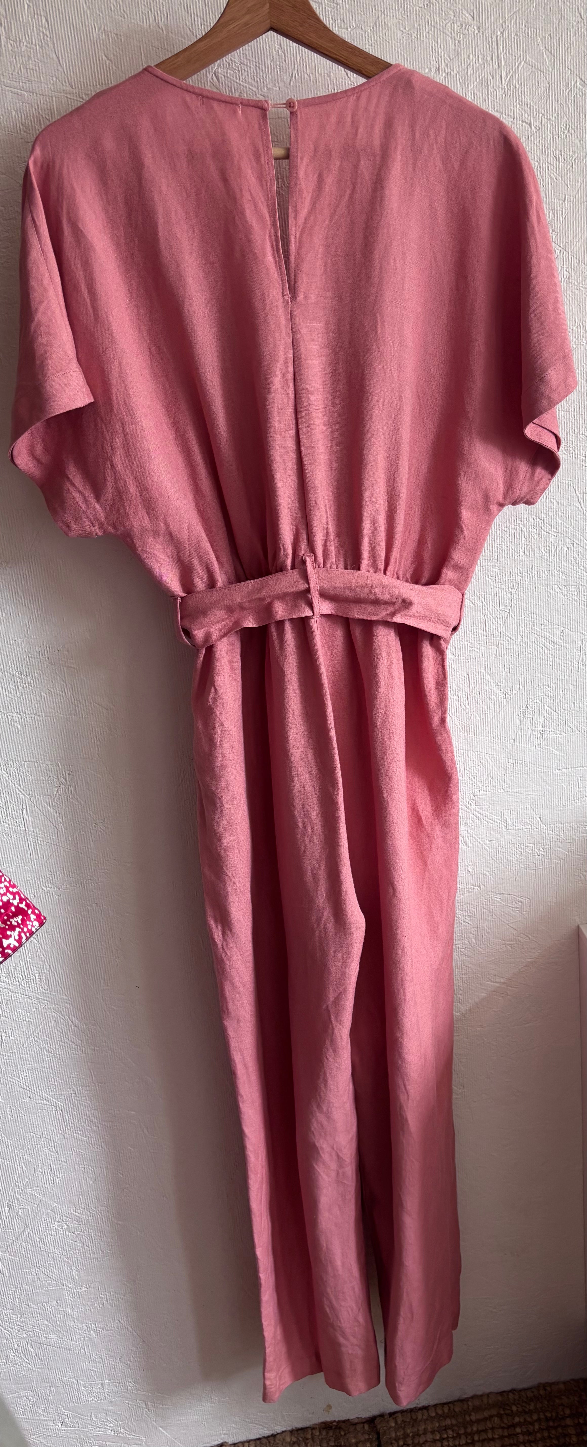 OYSHO Dusty Pink Linen V Neck Blend Short Sleeve Belted Jumpsuit