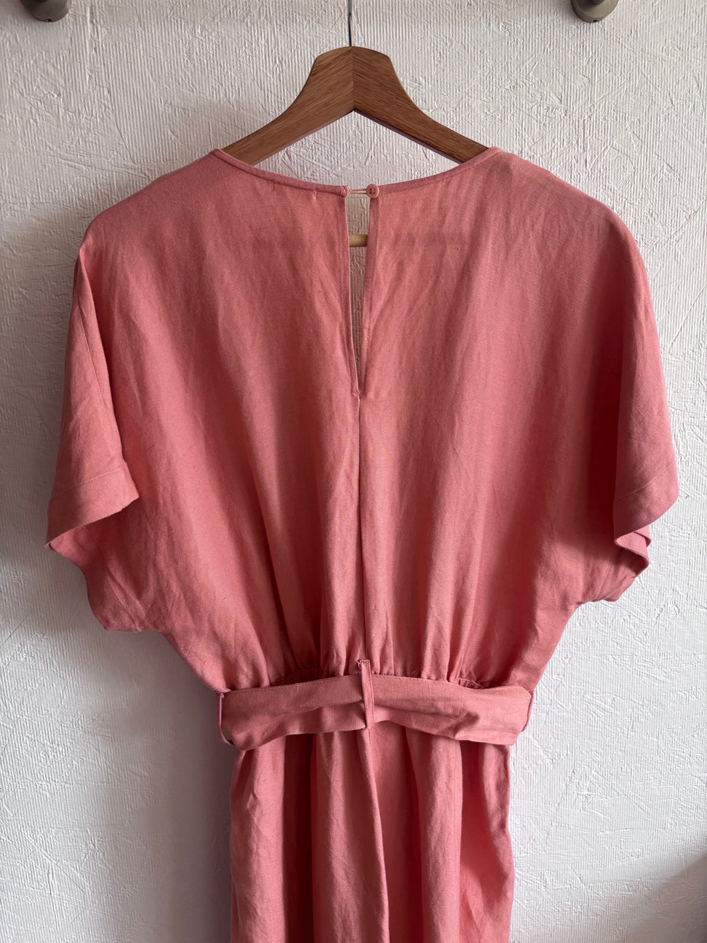 OYSHO Dusty Pink Linen V Neck Blend Short Sleeve Belted Jumpsuit