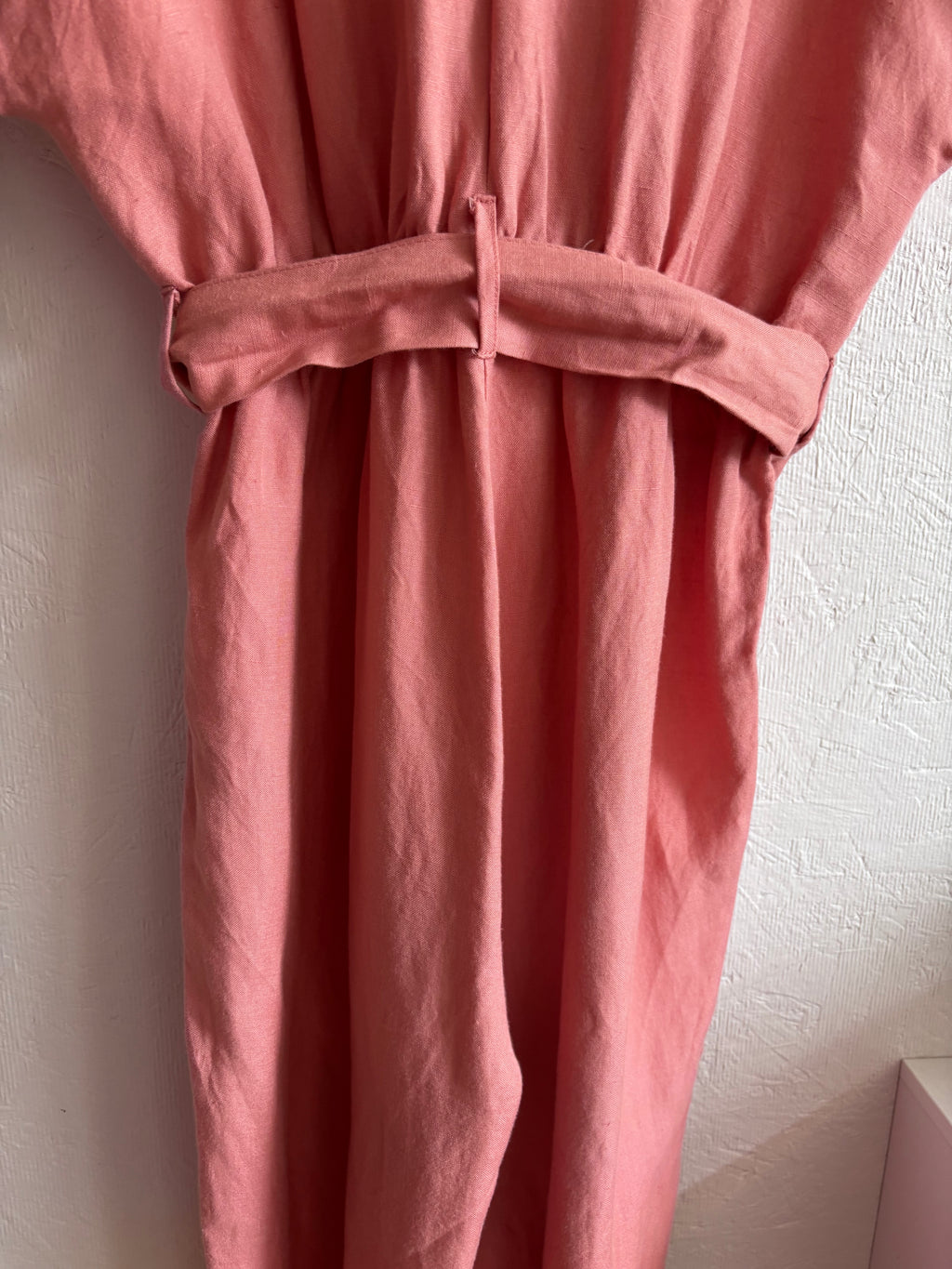 OYSHO Dusty Pink Linen V Neck Blend Short Sleeve Belted Jumpsuit