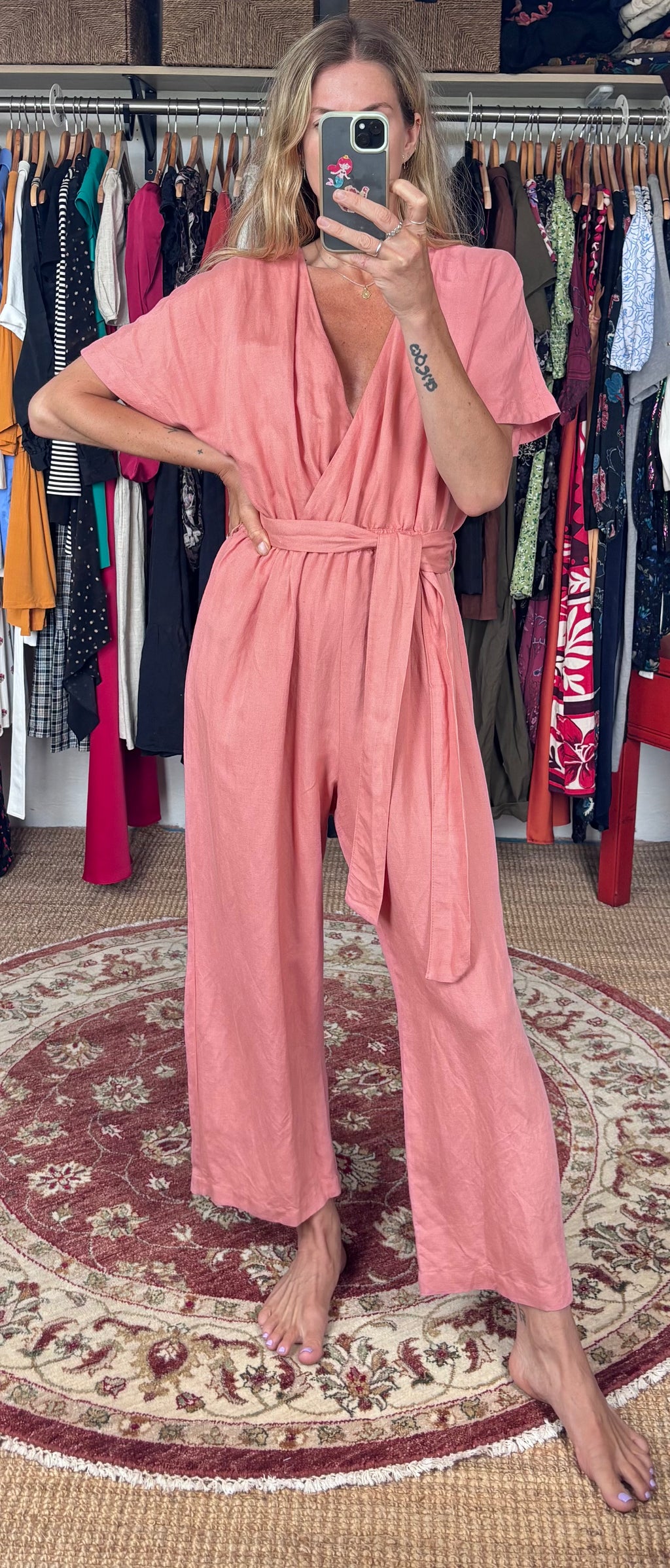 OYSHO Dusty Pink Linen V Neck Blend Short Sleeve Belted Jumpsuit