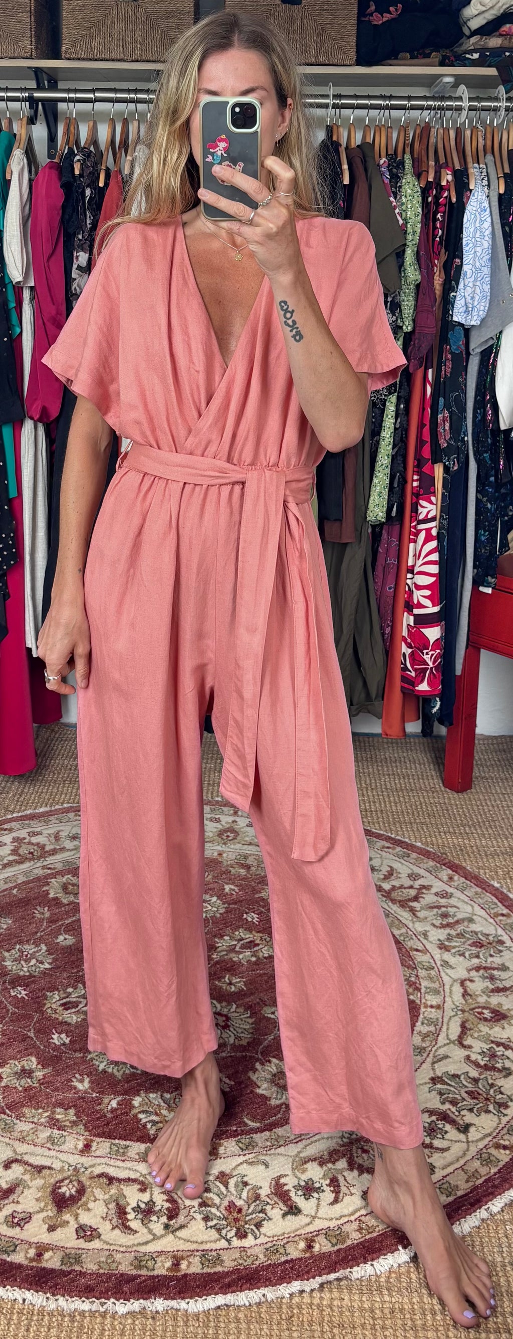 OYSHO Dusty Pink Linen V Neck Blend Short Sleeve Belted Jumpsuit