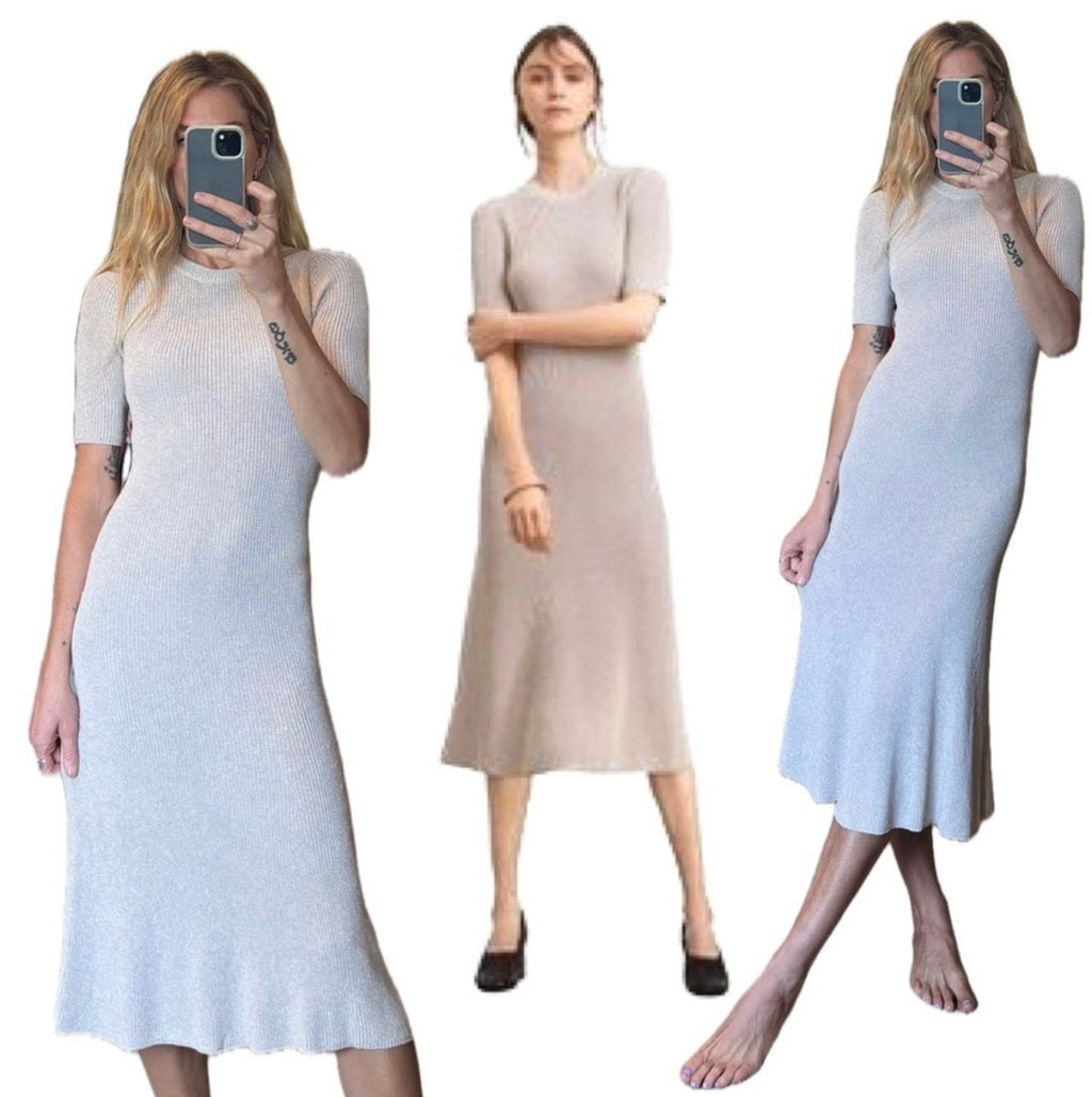 RARE Wilfred Aritzia Knit Woven Crochet Silhouette Cream Beige Midi Fishtail Dress