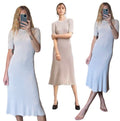 RARE Wilfred Aritzia Knit Woven Crochet Silhouette Cream Beige Midi Fishtail Dress