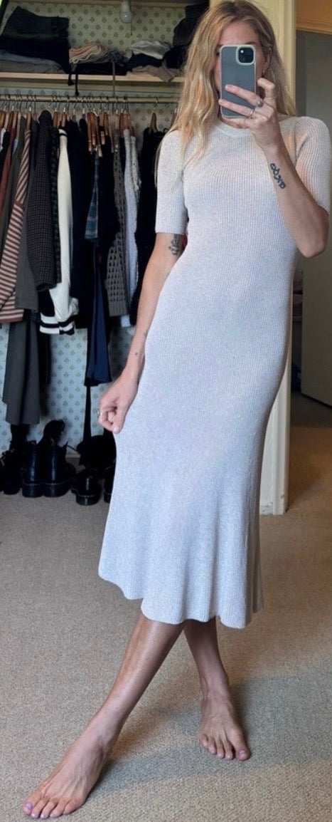 RARE Wilfred Aritzia Knit Woven Crochet Silhouette Cream Beige Midi Fishtail Dress