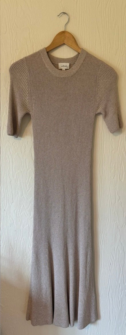 RARE Wilfred Aritzia Knit Woven Crochet Silhouette Cream Beige Midi Fishtail Dress