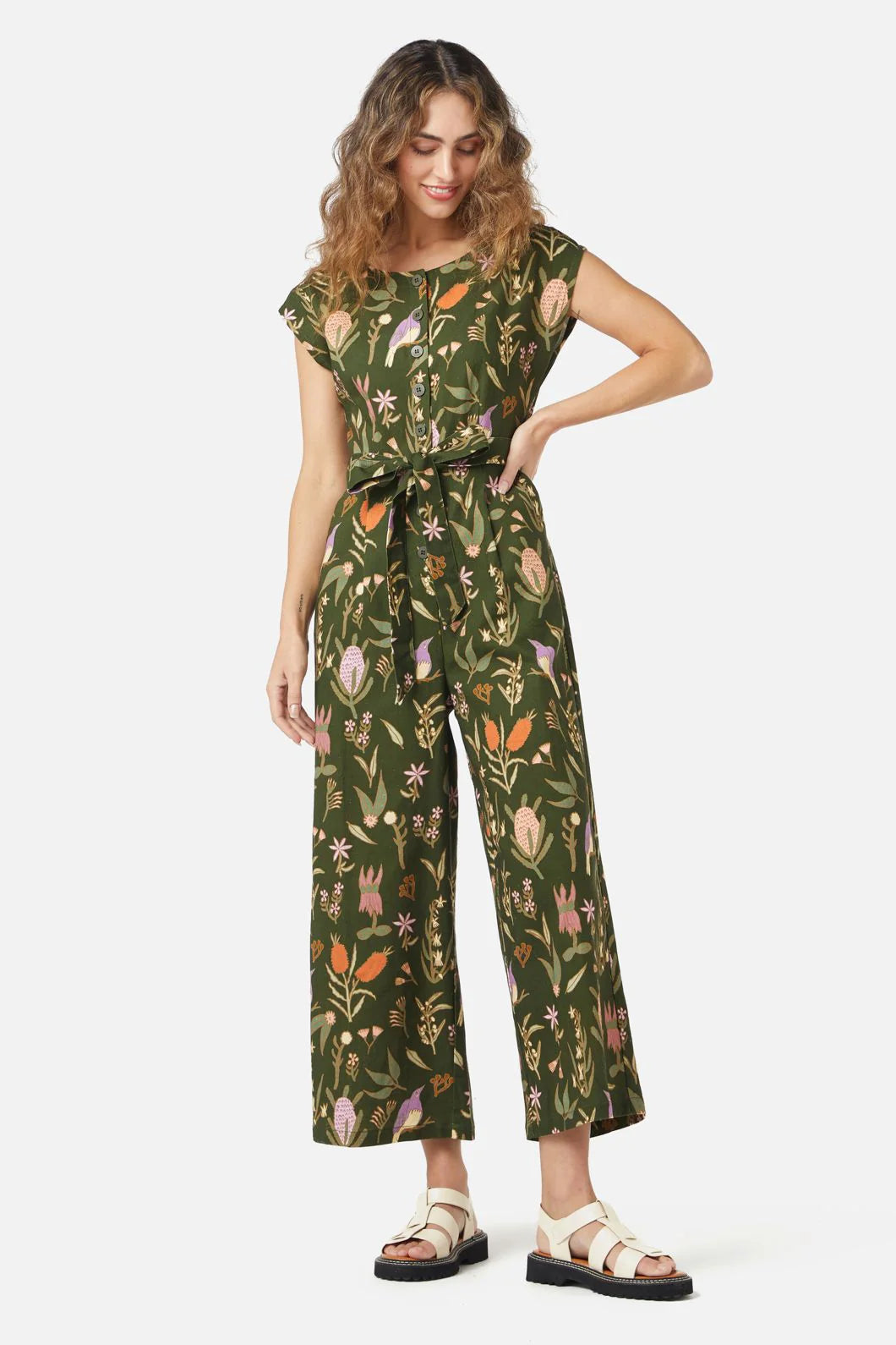 Princess Highway Linen Blend Green Floral Bird Botanical Print Sleeveless Button Down Belted Wide Leg Jumpsuit