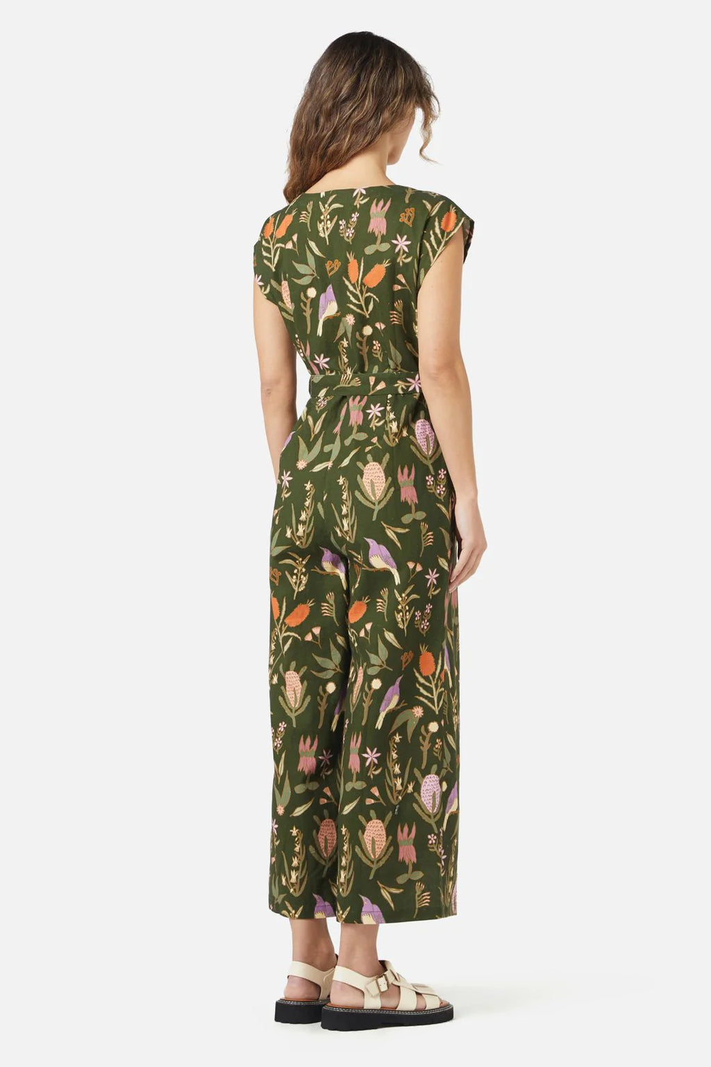 Princess Highway Linen Blend Green Floral Bird Botanical Print Sleeveless Button Down Belted Wide Leg Jumpsuit