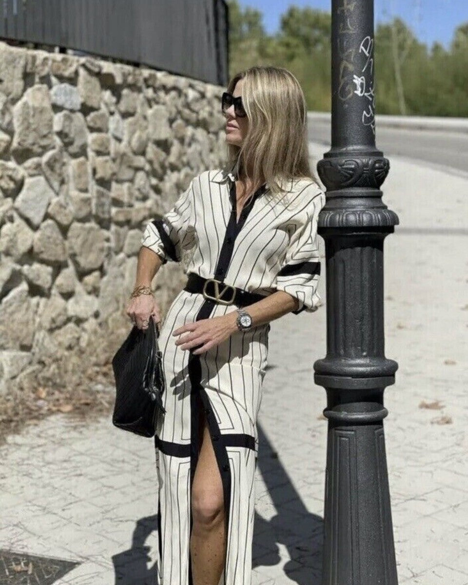 Zara Bloggers FavenCream and Black Stripe Long Sleeve Collared Button Down Midi Shirt Dress
