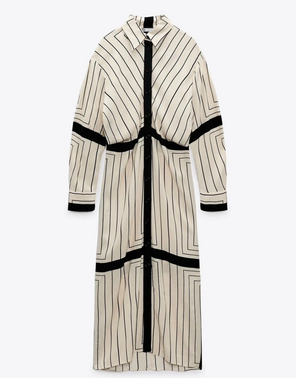 Zara Bloggers FavenCream and Black Stripe Long Sleeve Collared Button Down Midi Shirt Dress