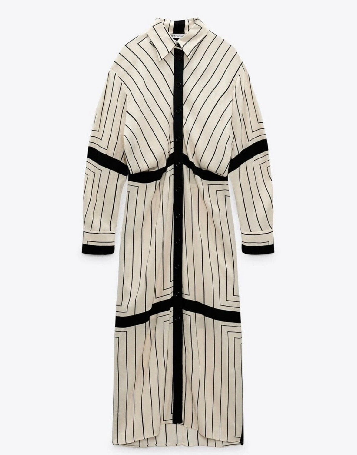 Zara Bloggers FavenCream and Black Stripe Long Sleeve Collared Button Down Midi Shirt Dress