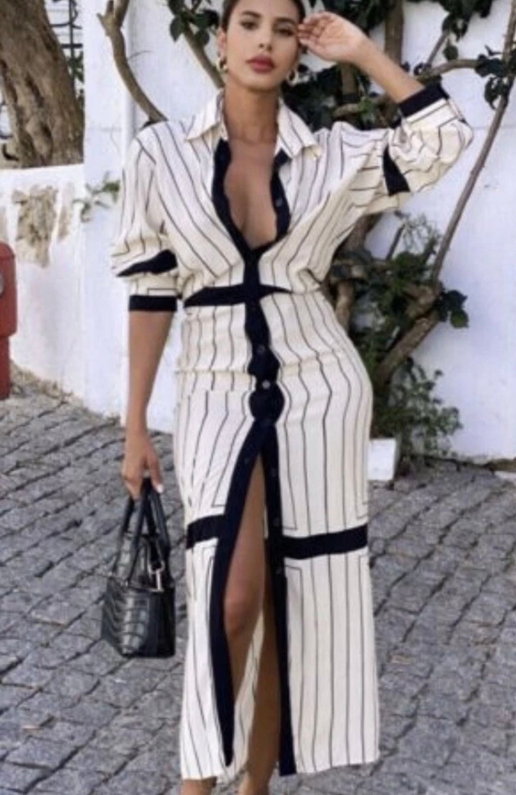 Zara Bloggers FavenCream and Black Stripe Long Sleeve Collared Button Down Midi Shirt Dress