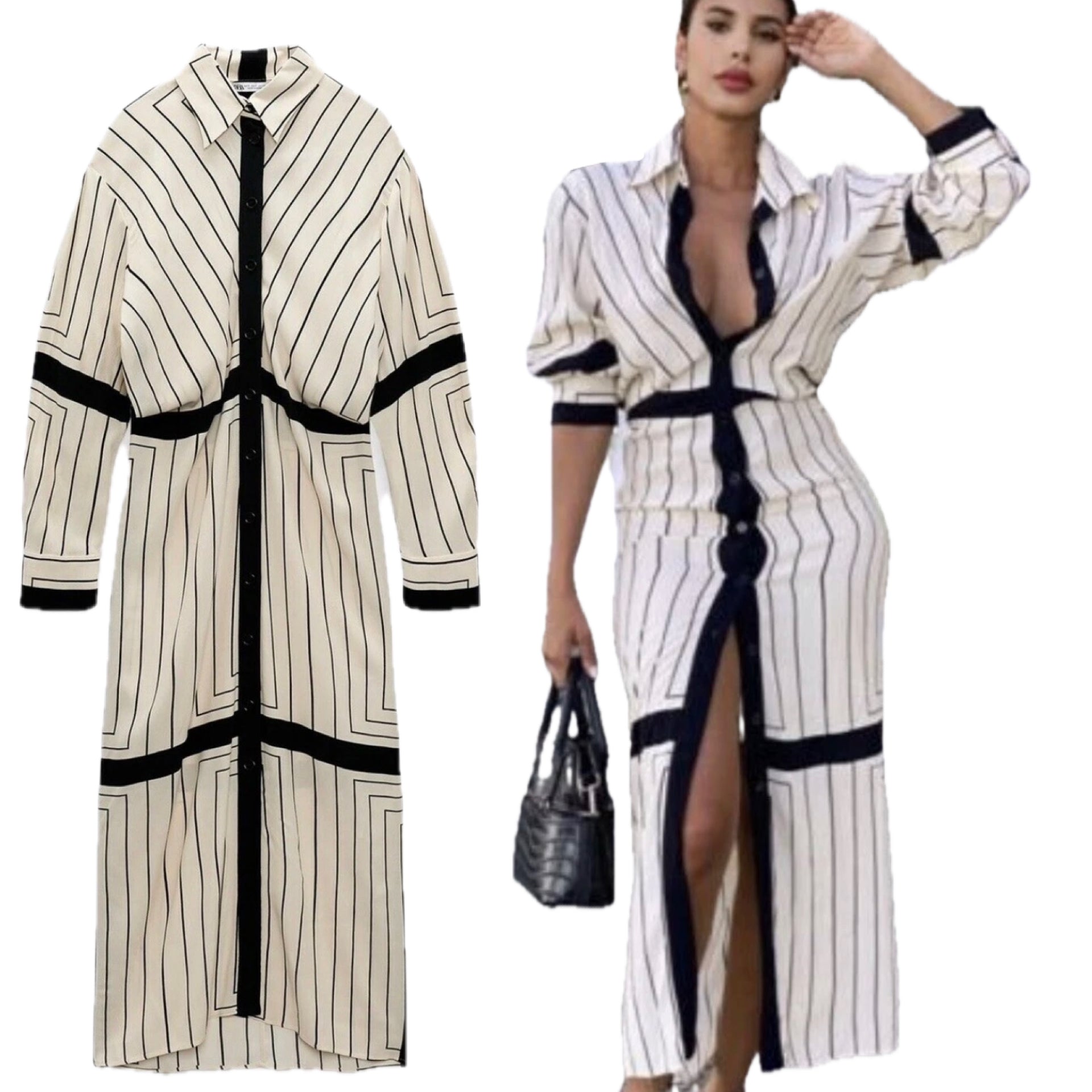 Zara Bloggers FavenCream and Black Stripe Long Sleeve Collared Button Down Midi Shirt Dress