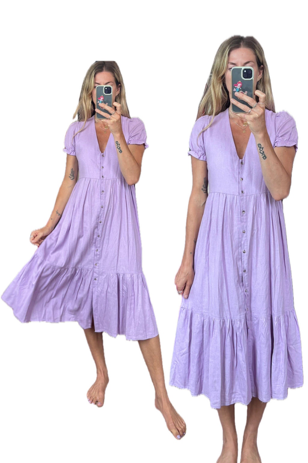 Linda Mulata Linen Blend Lilac Lavender Purple Ruffle Button Down Tiered Midi Dress