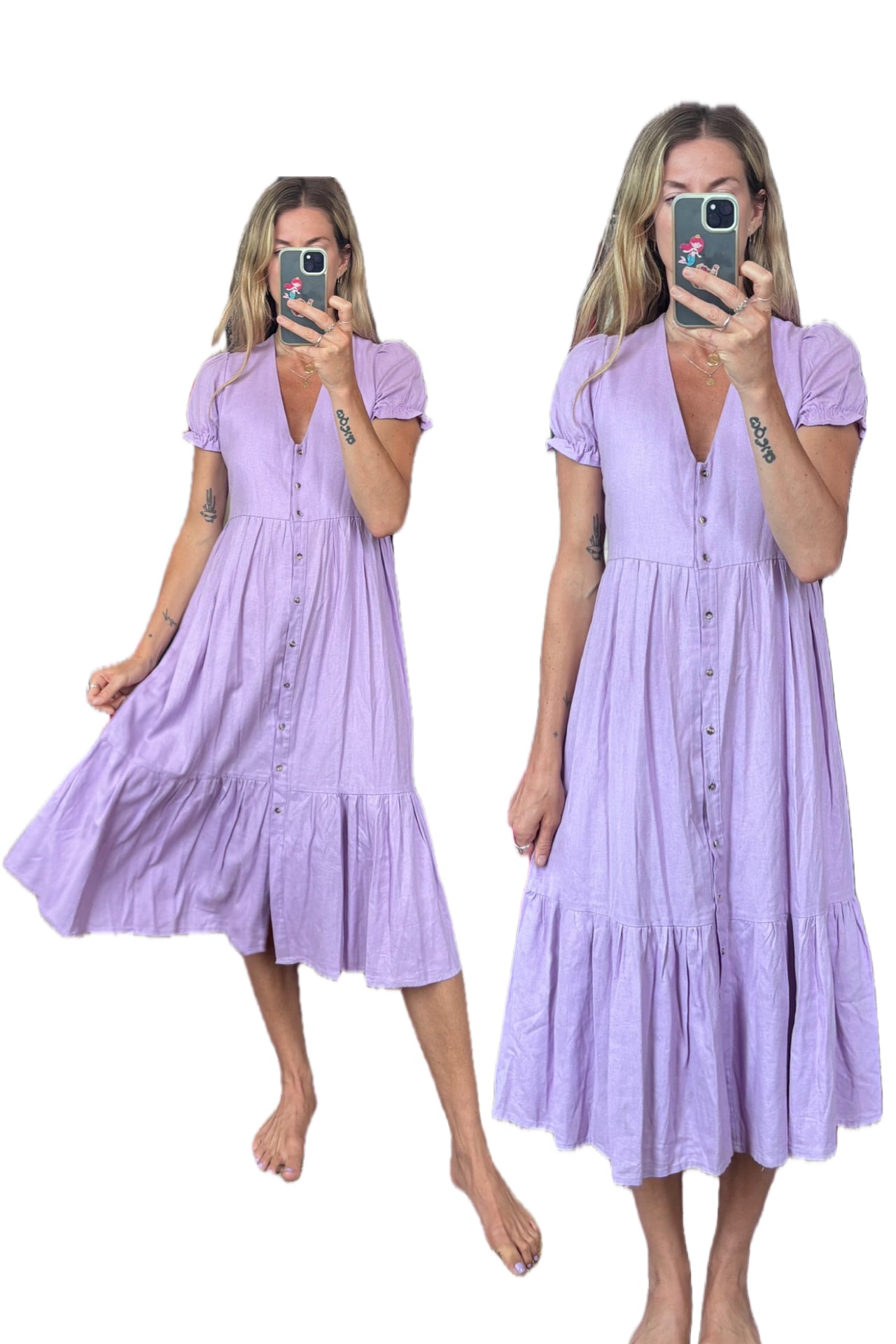 Linda Mulata Linen Blend Lilac Lavender Purple Ruffle Button Down Tiered Midi Dress