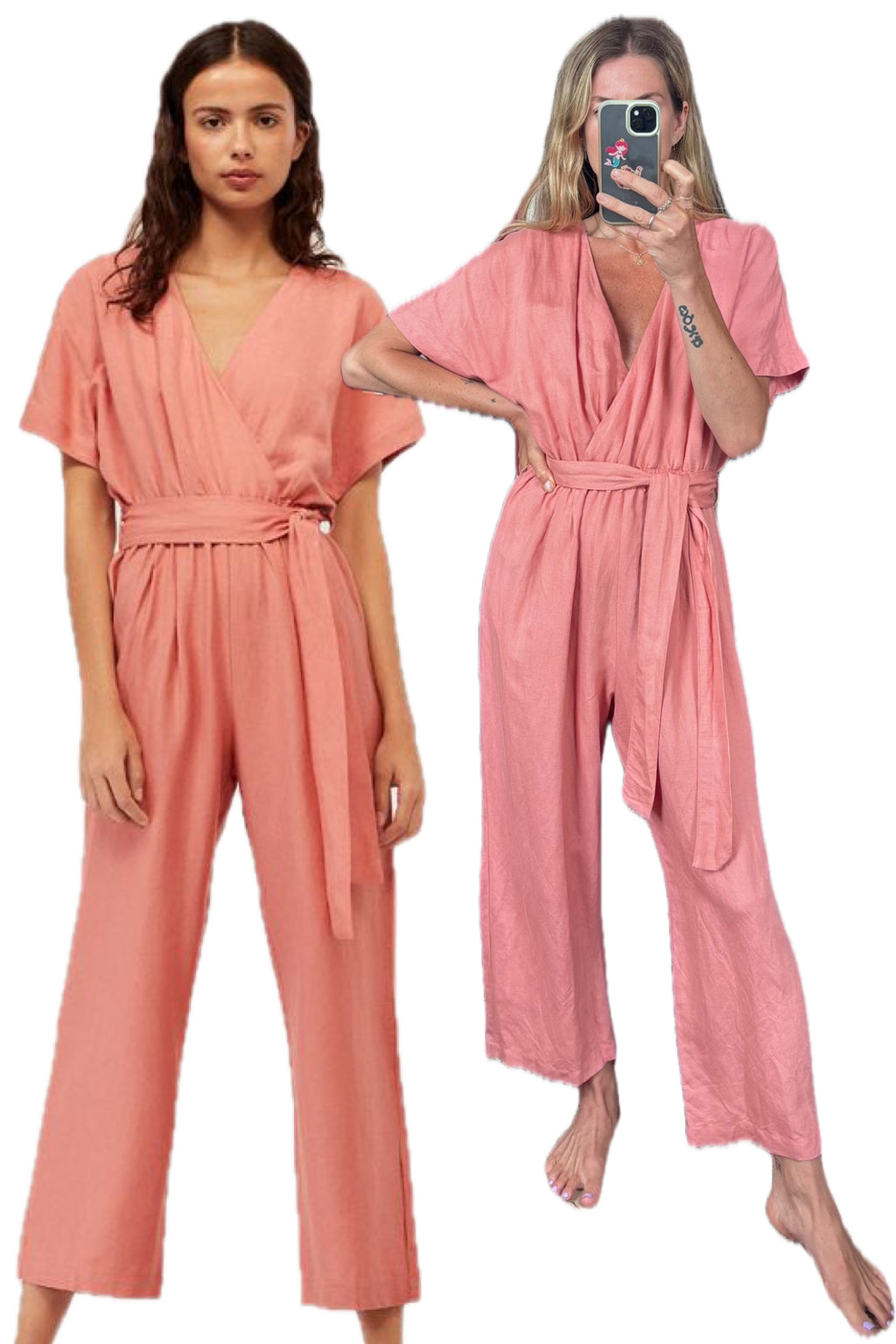 OYSHO Dusty Pink Linen V Neck Blend Short Sleeve Belted Jumpsuit