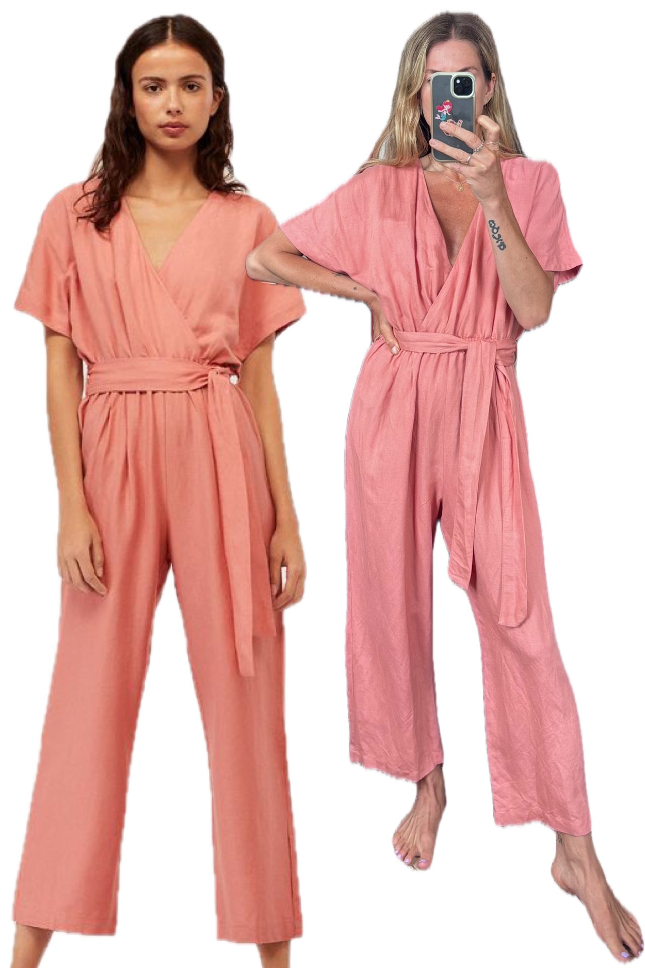 OYSHO Dusty Pink Linen V Neck Blend Short Sleeve Belted Jumpsuit
