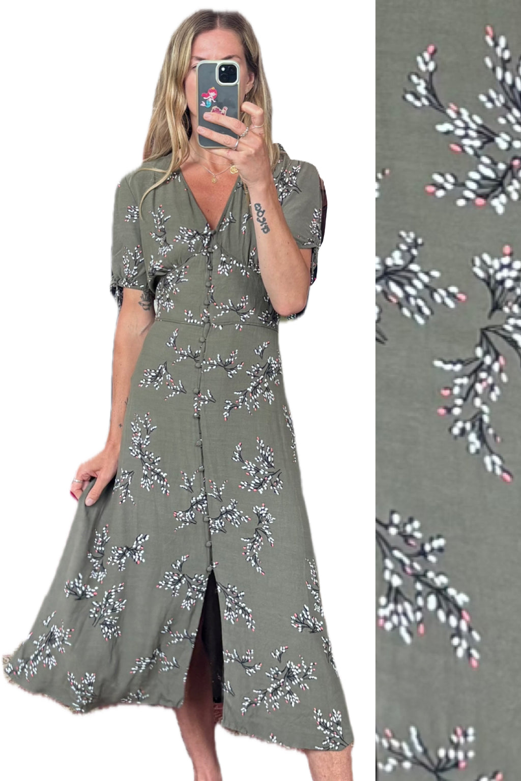 Jigsaw Sophelia Olive Grey Green Floral Print Button Down Short Sleeve Midi Maxi Tea Dress