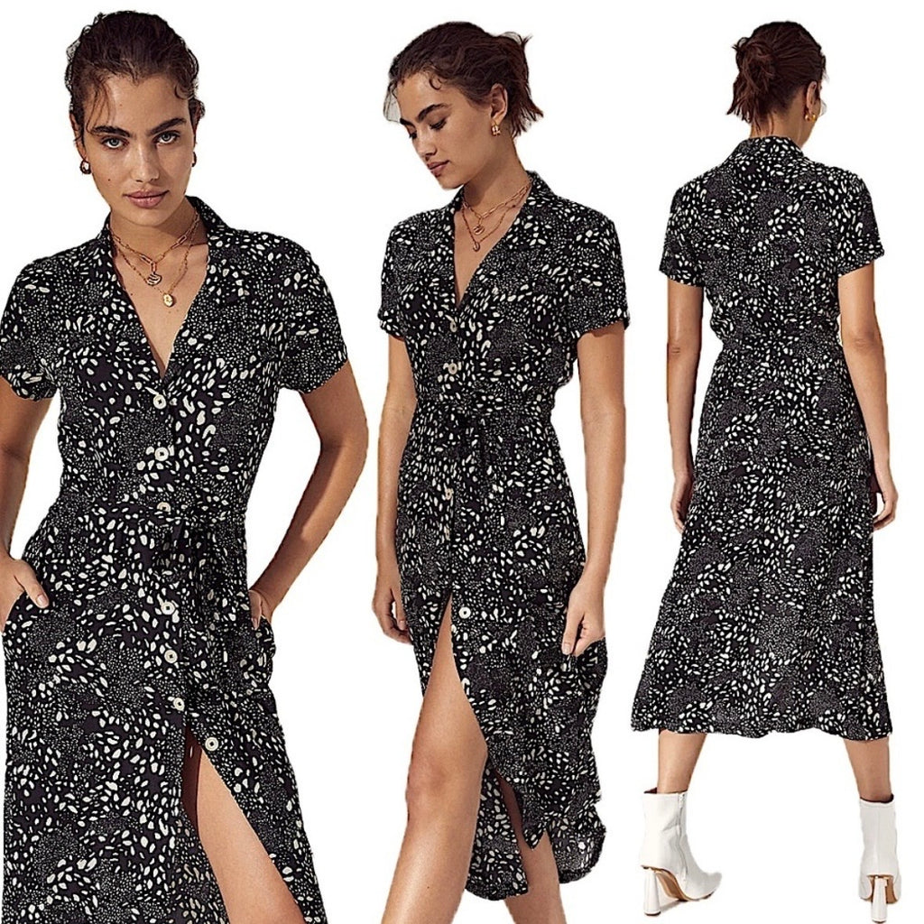 Wilfred Aritzia Button Down Collared Short Sleeve Midi Maxi Shirt Animal Print Silhouette Dress