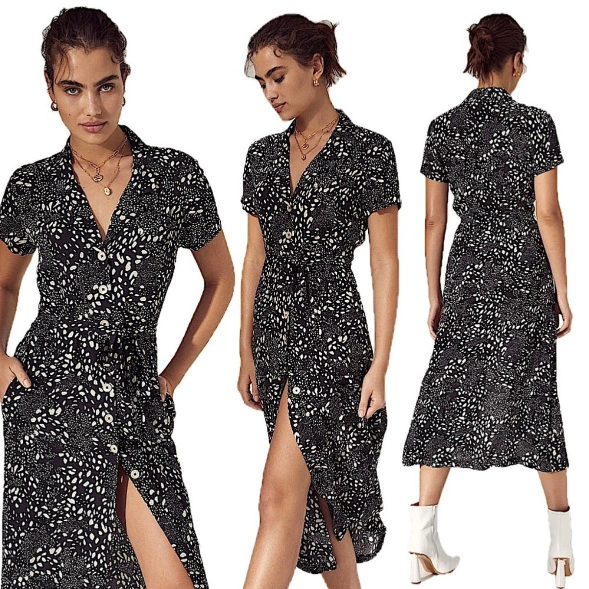 Wilfred Aritzia Button Down Collared Short Sleeve Midi Maxi Shirt Animal Print Silhouette Dress