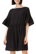 Club Monaco Linen Blend Black Pom Pom Trim Mini Boho Dress with Pockets