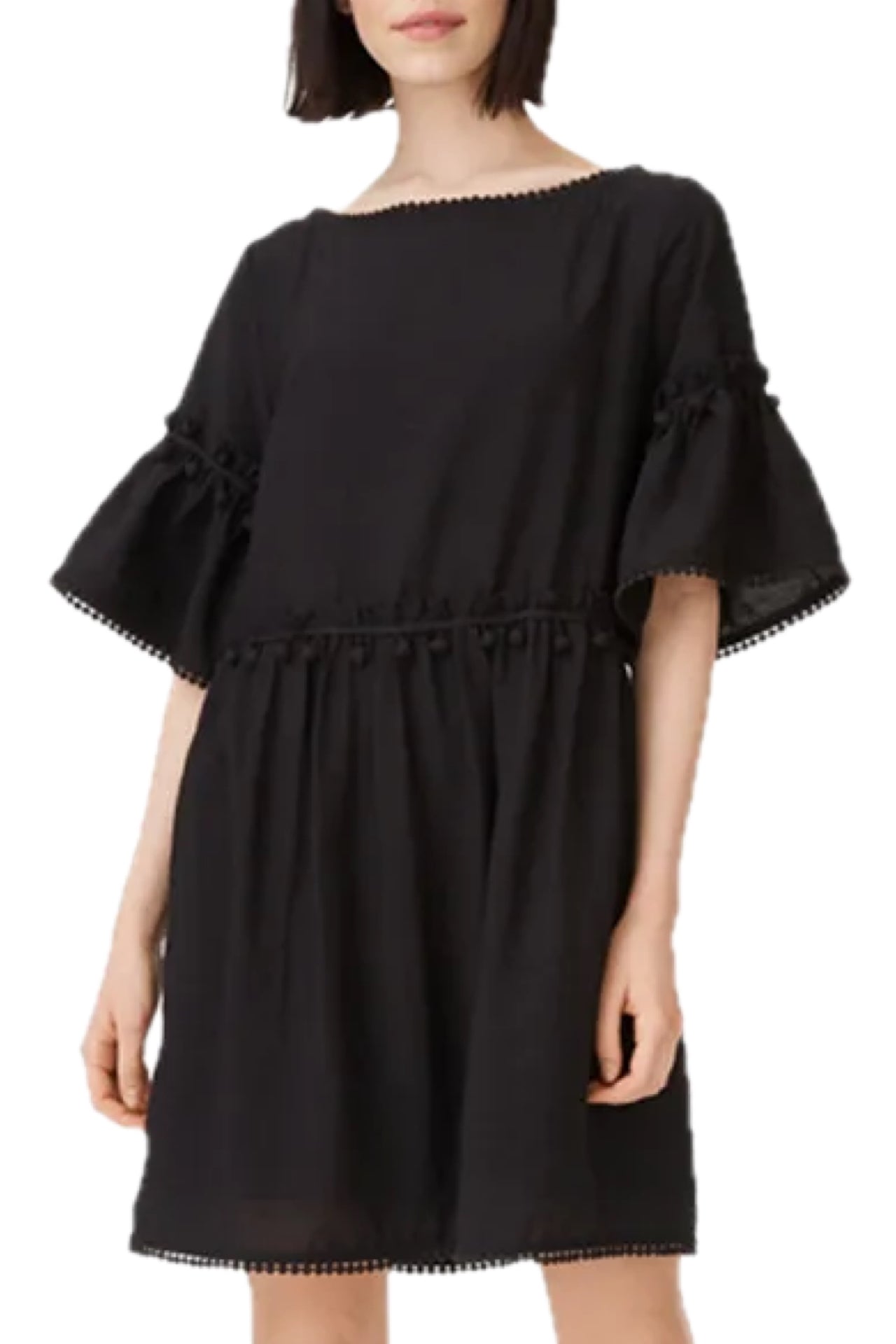 Club Monaco Linen Blend Black Pom Pom Trim Mini Boho Dress with Pockets