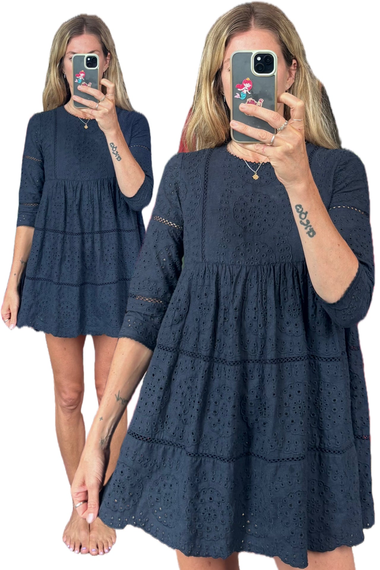 Vintage Zara Navy Blue Eyelet Tiered Babydoll Mini Dress