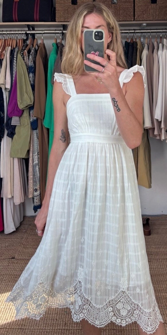Ever New Melbourne 100% Cotton White Sleeveless Ruffle Lace Side Zip Midi Boho Dress