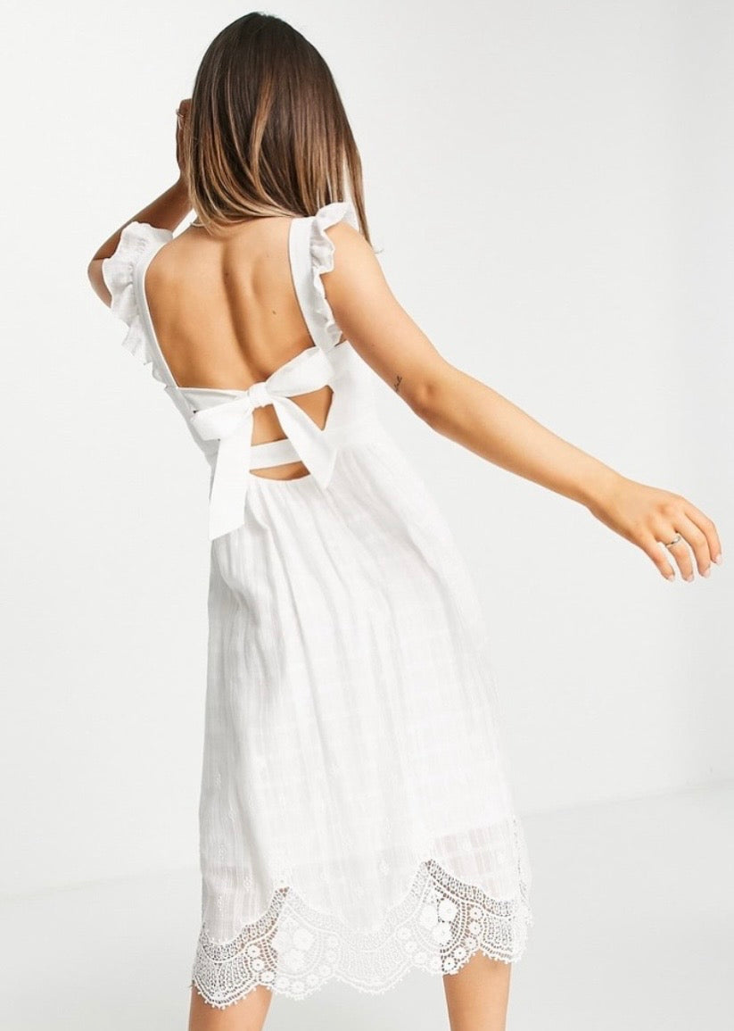 Ever New Melbourne 100% Cotton White Sleeveless Ruffle Lace Side Zip Midi Boho Dress