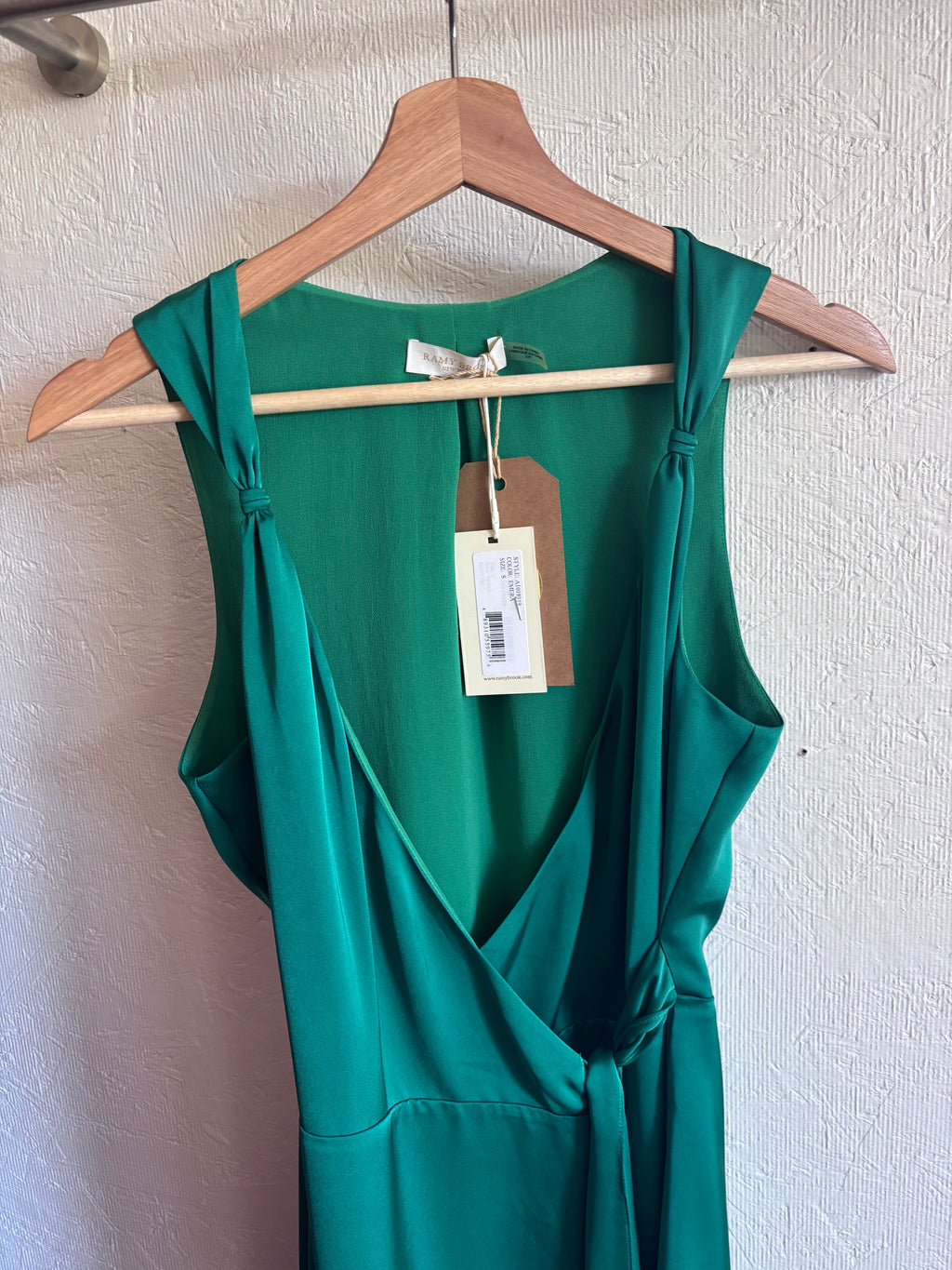 NWT Ramy Brook Emerald Jade Green Satin Charmeuse Mini Knot Detail Wrap Dress