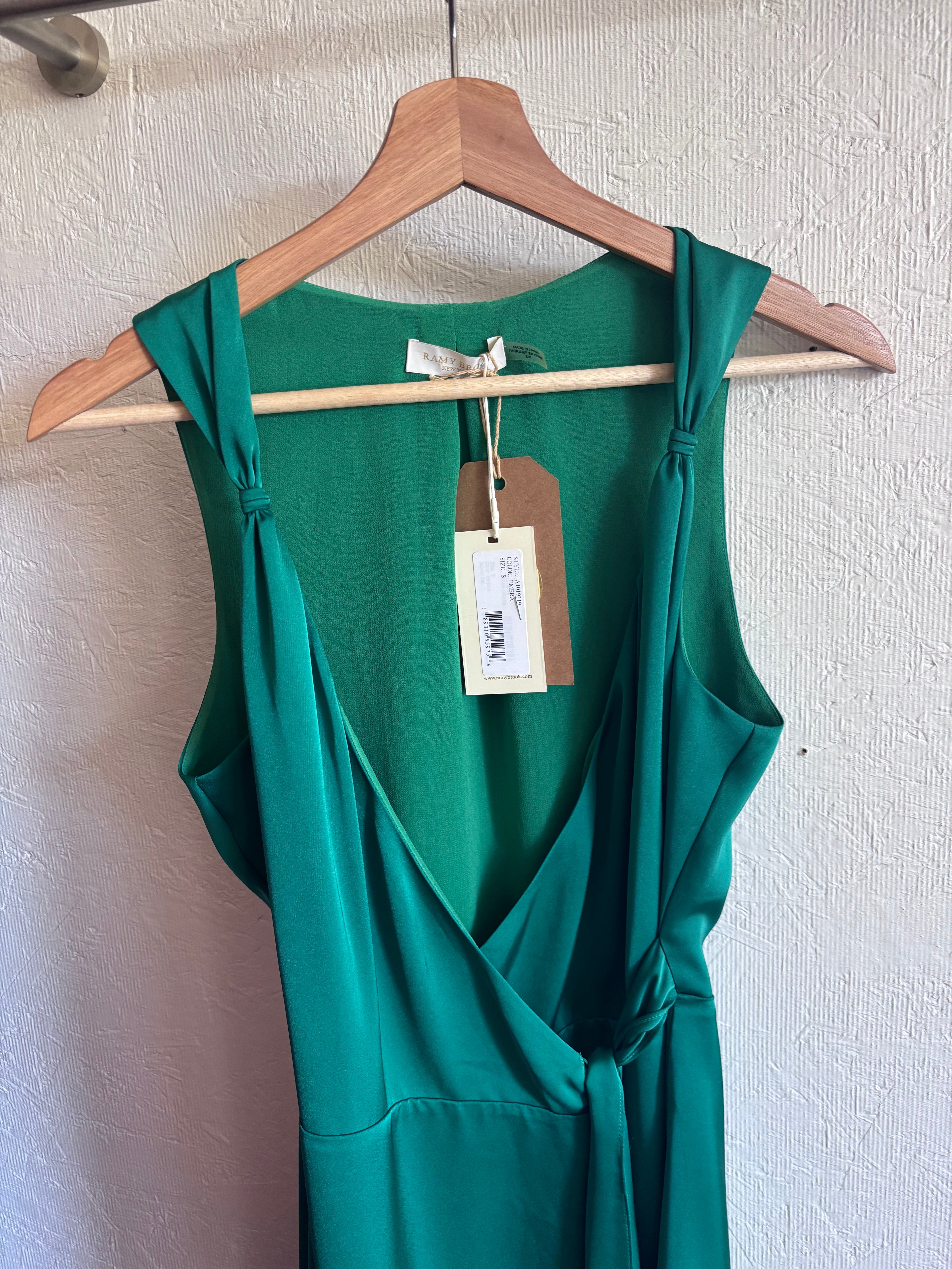 NWT Ramy Brook Emerald Jade Green Satin Charmeuse Mini Knot Detail Wrap Dress