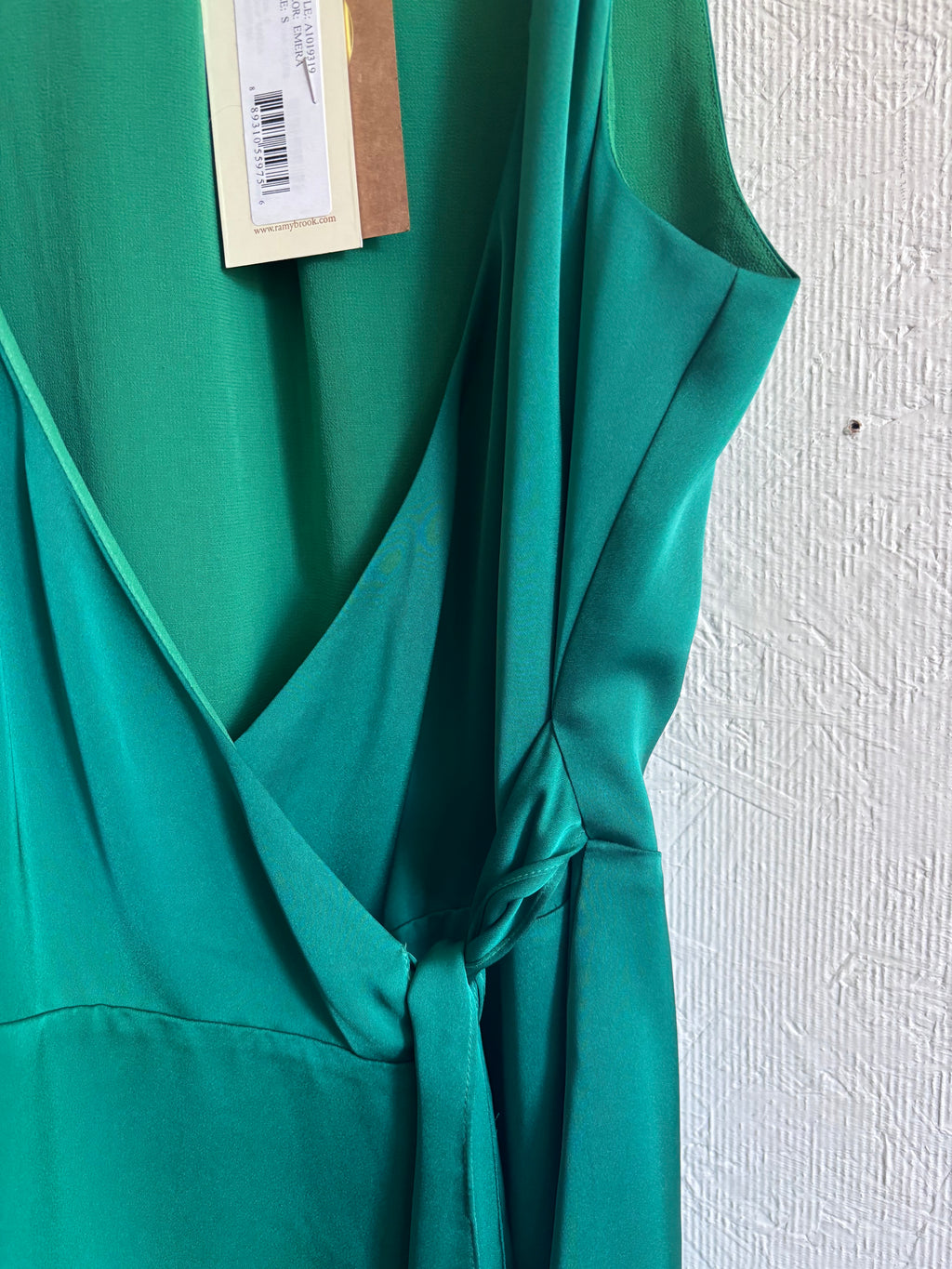 NWT Ramy Brook Emerald Jade Green Satin Charmeuse Mini Knot Detail Wrap Dress