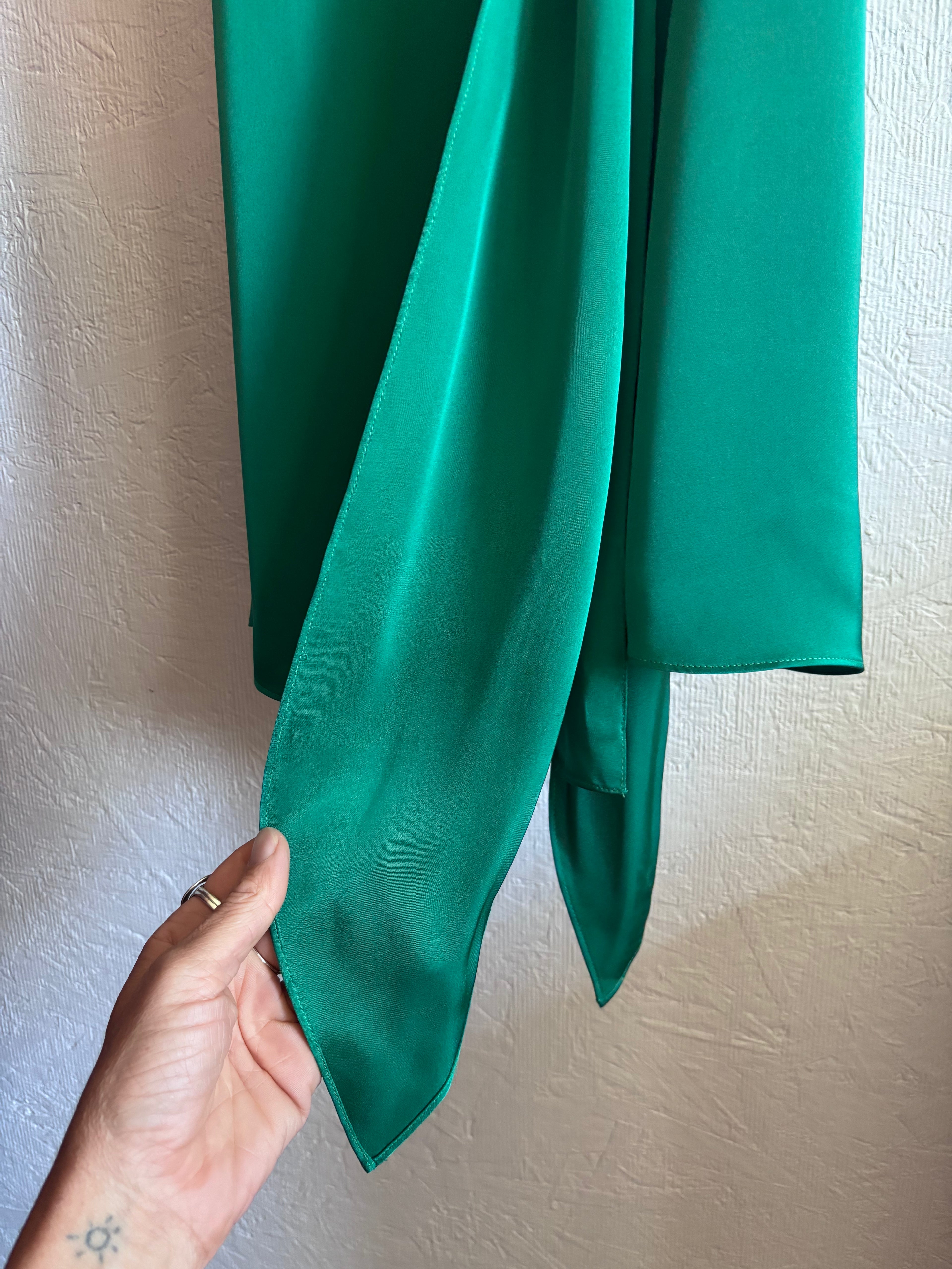NWT Ramy Brook Emerald Jade Green Satin Charmeuse Mini Knot Detail Wrap Dress