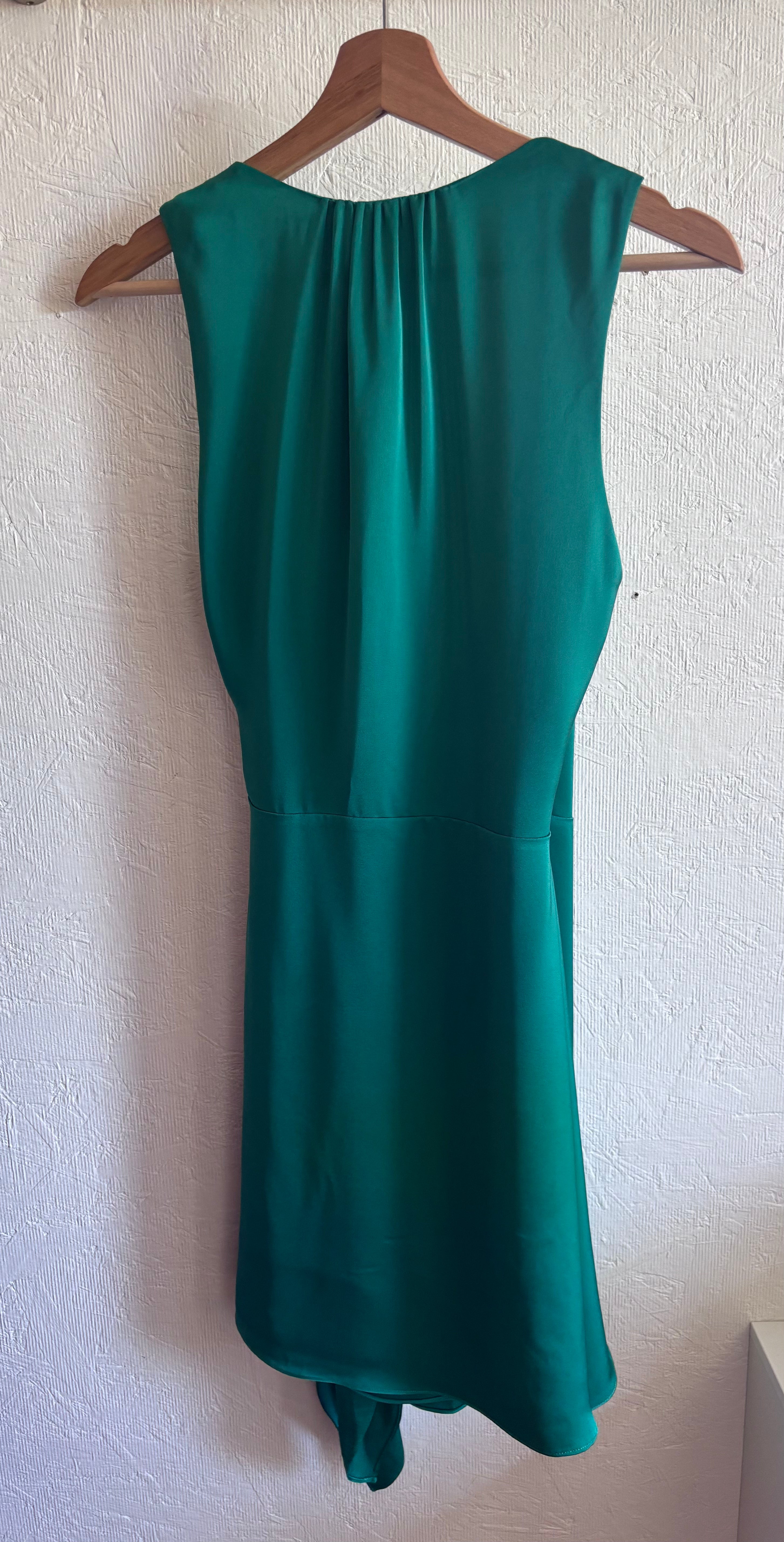 NWT Ramy Brook Emerald Jade Green Satin Charmeuse Mini Knot Detail Wrap Dress