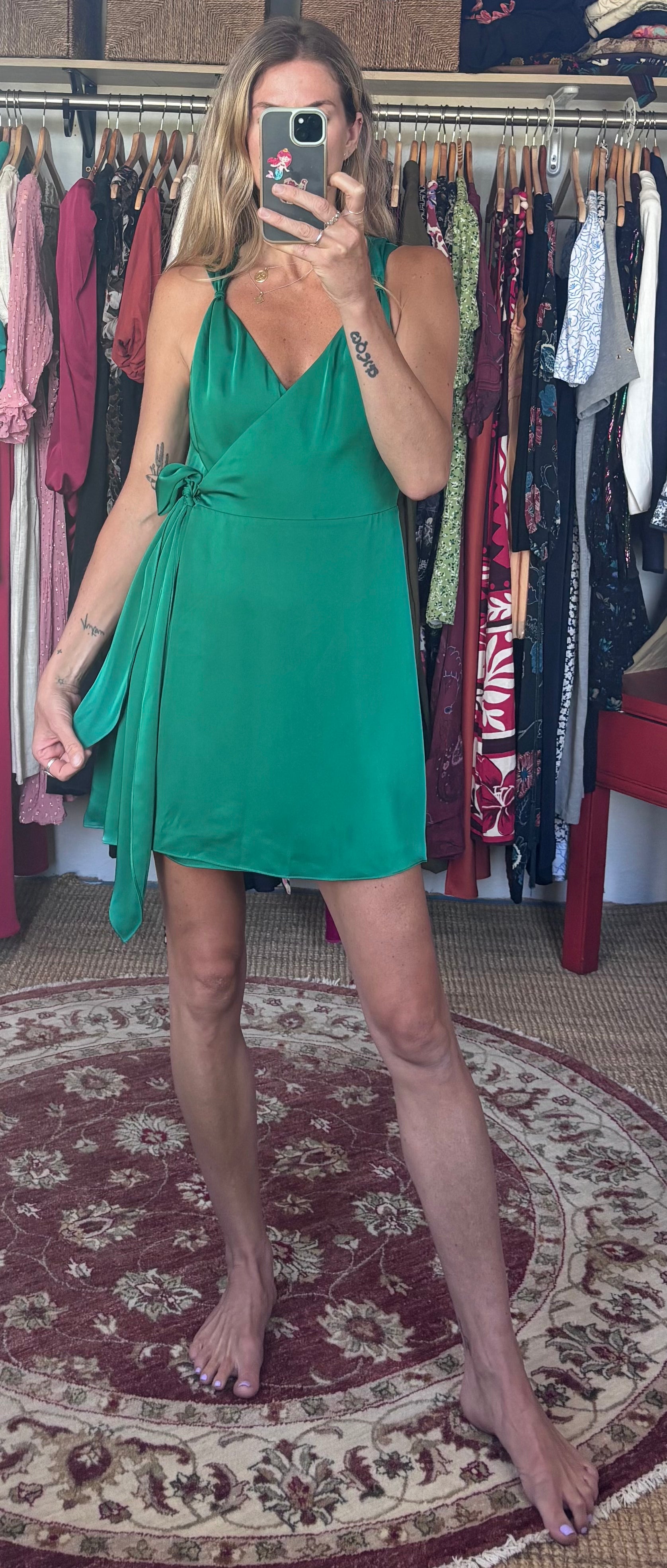 NWT Ramy Brook Emerald Jade Green Satin Charmeuse Mini Knot Detail Wrap Dress