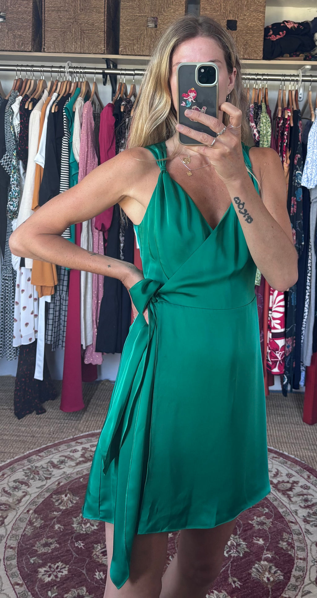 NWT Ramy Brook Emerald Jade Green Satin Charmeuse Mini Knot Detail Wrap Dress