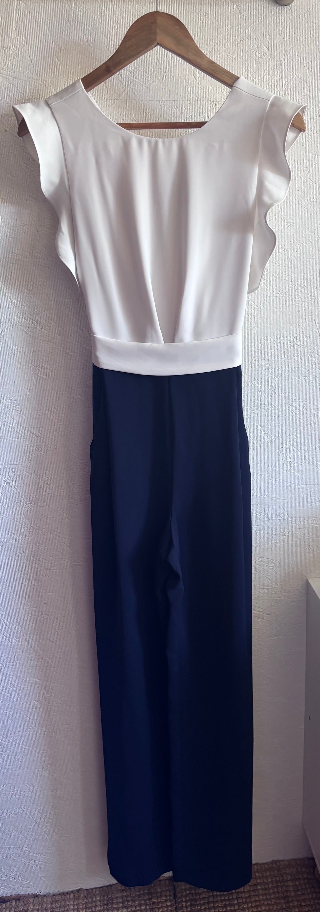 Phase Eight Ayla White Ruffle Two Tone Navy Blue Belted Pocket Wide Leg Tailored Jumpsuit