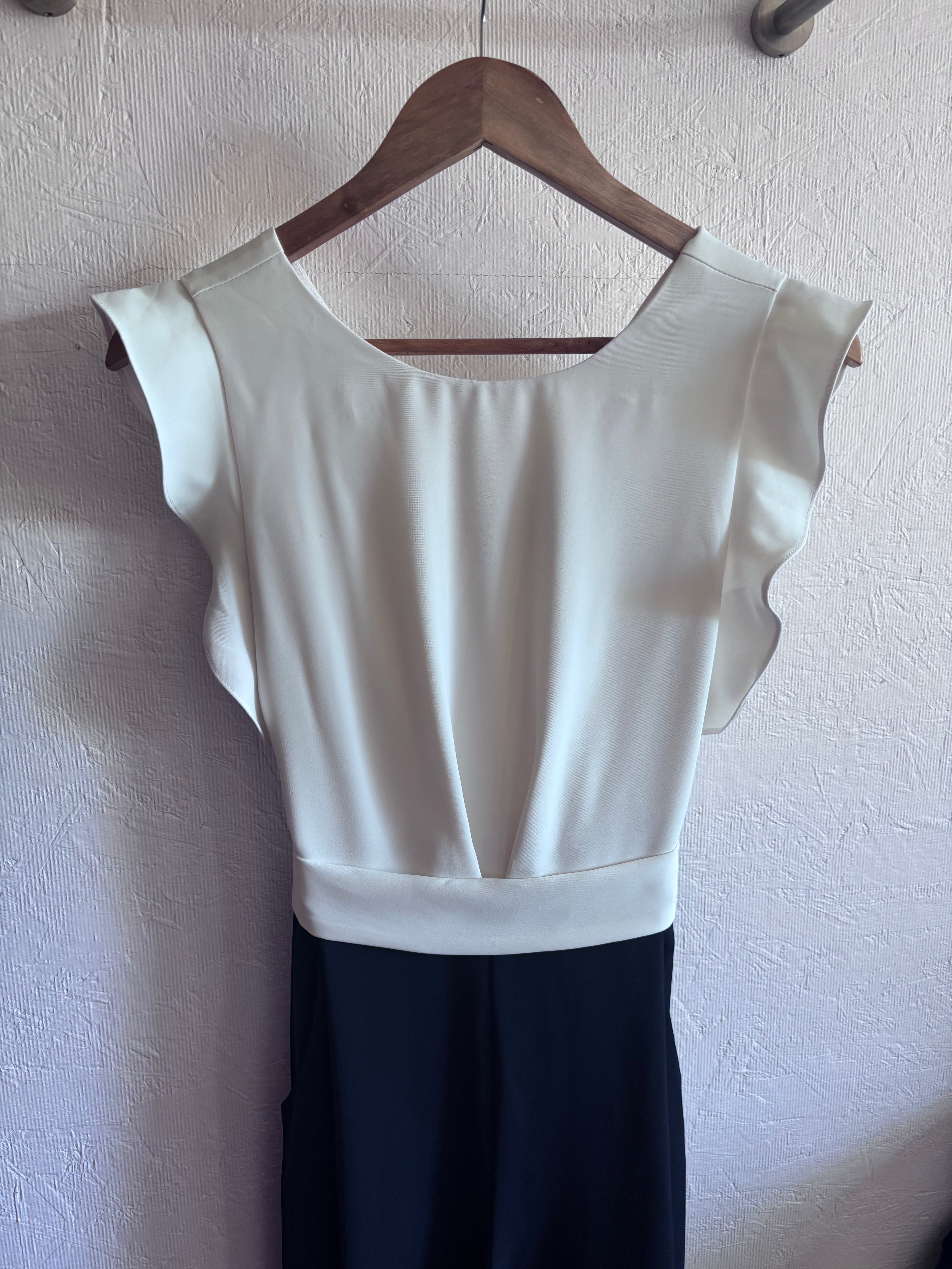 Phase Eight Ayla White Ruffle Two Tone Navy Blue Belted Pocket Wide Leg Tailored Jumpsuit