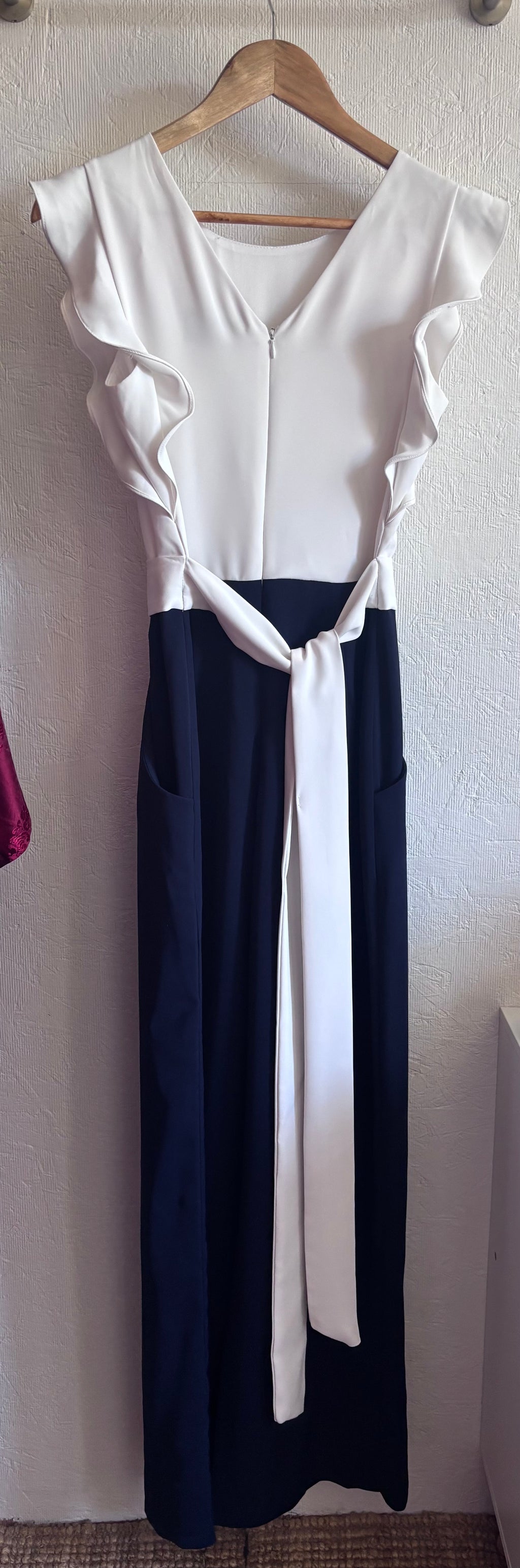 Phase Eight Ayla White Ruffle Two Tone Navy Blue Belted Pocket Wide Leg Tailored Jumpsuit