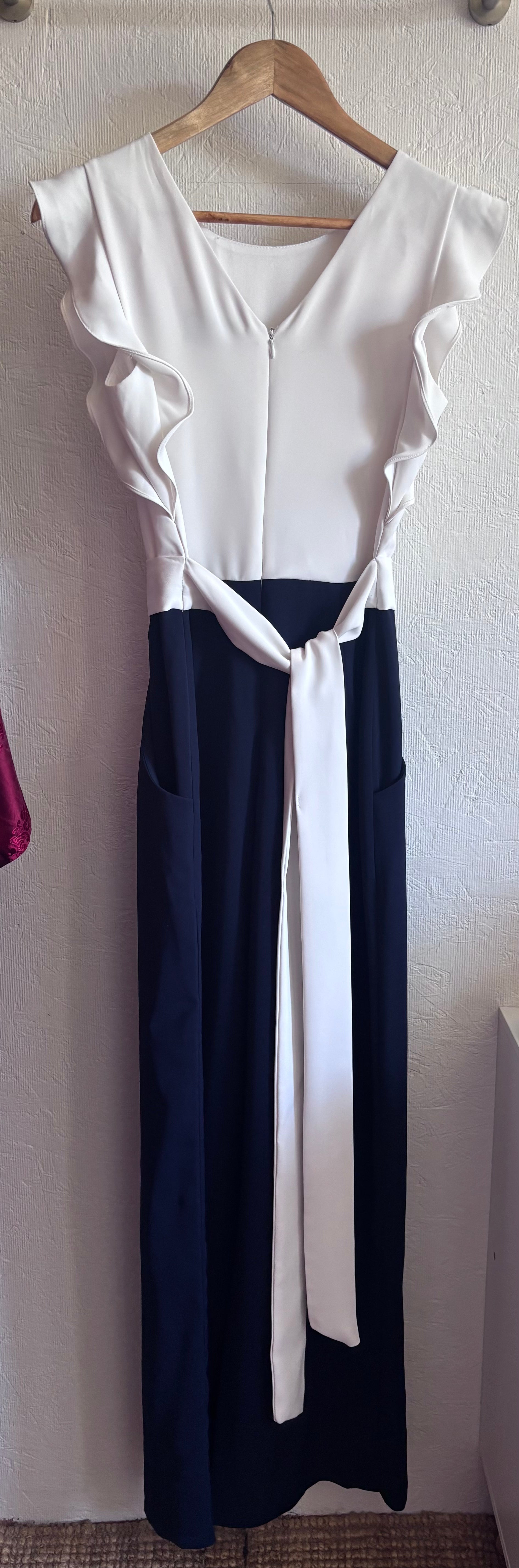 Phase Eight Ayla White Ruffle Two Tone Navy Blue Belted Pocket Wide Leg Tailored Jumpsuit