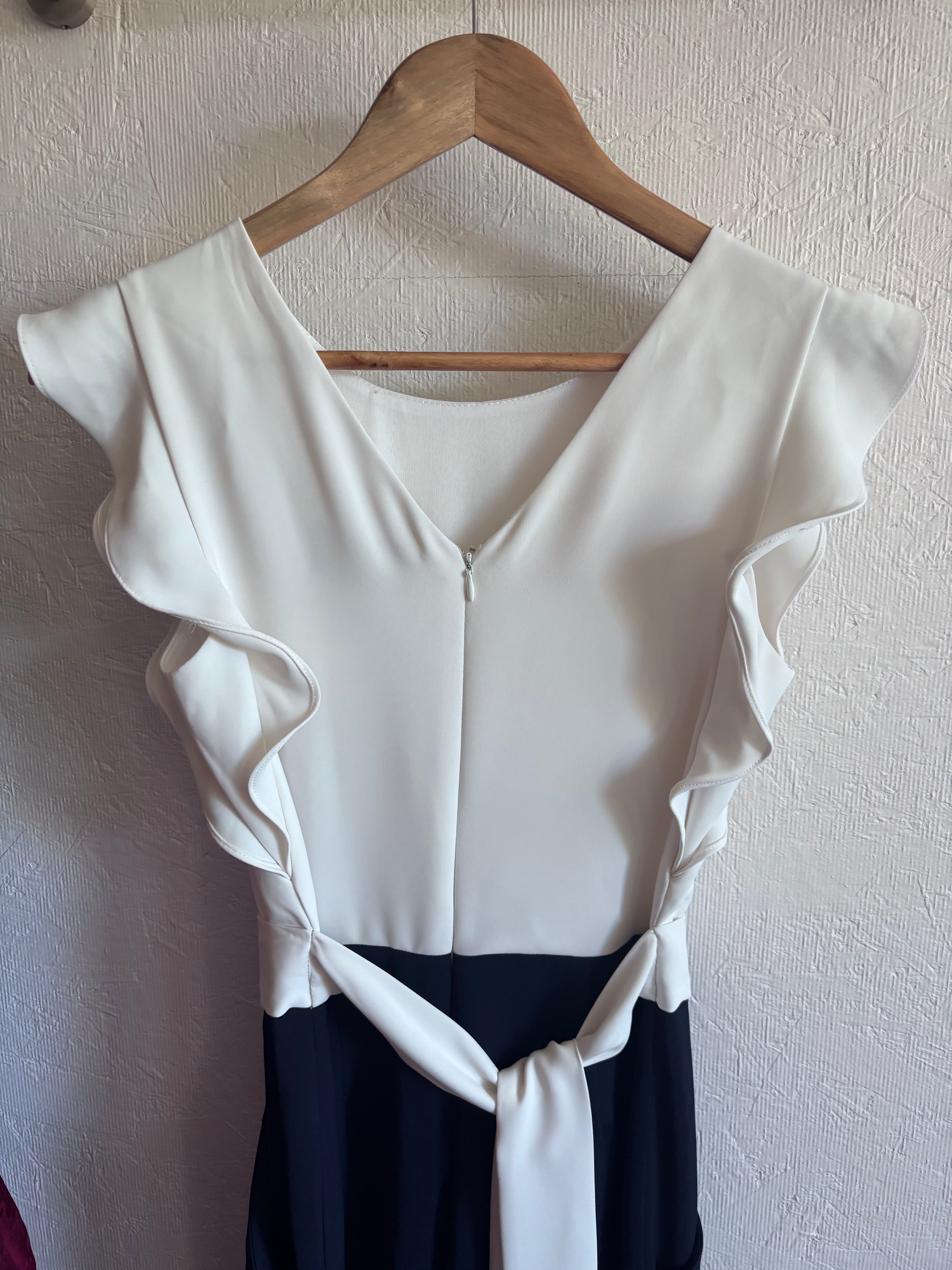Phase Eight Ayla White Ruffle Two Tone Navy Blue Belted Pocket Wide Leg Tailored Jumpsuit