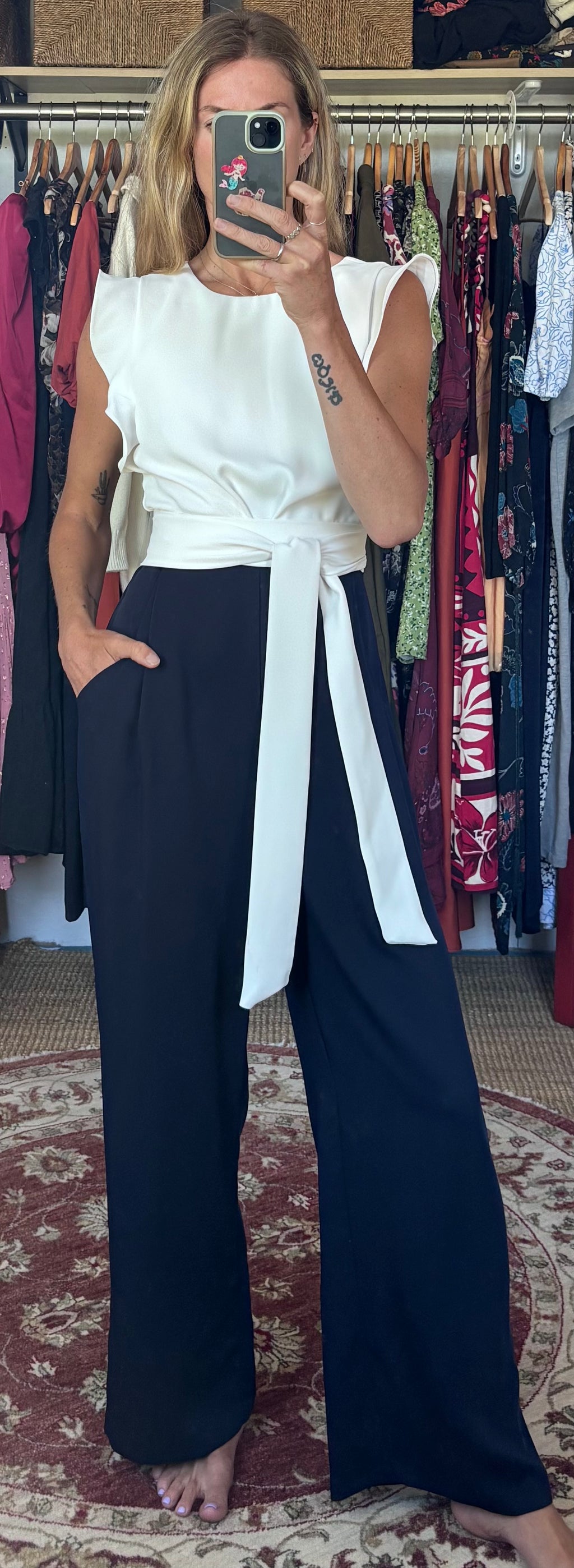 Phase Eight Ayla White Ruffle Two Tone Navy Blue Belted Pocket Wide Leg Tailored Jumpsuit