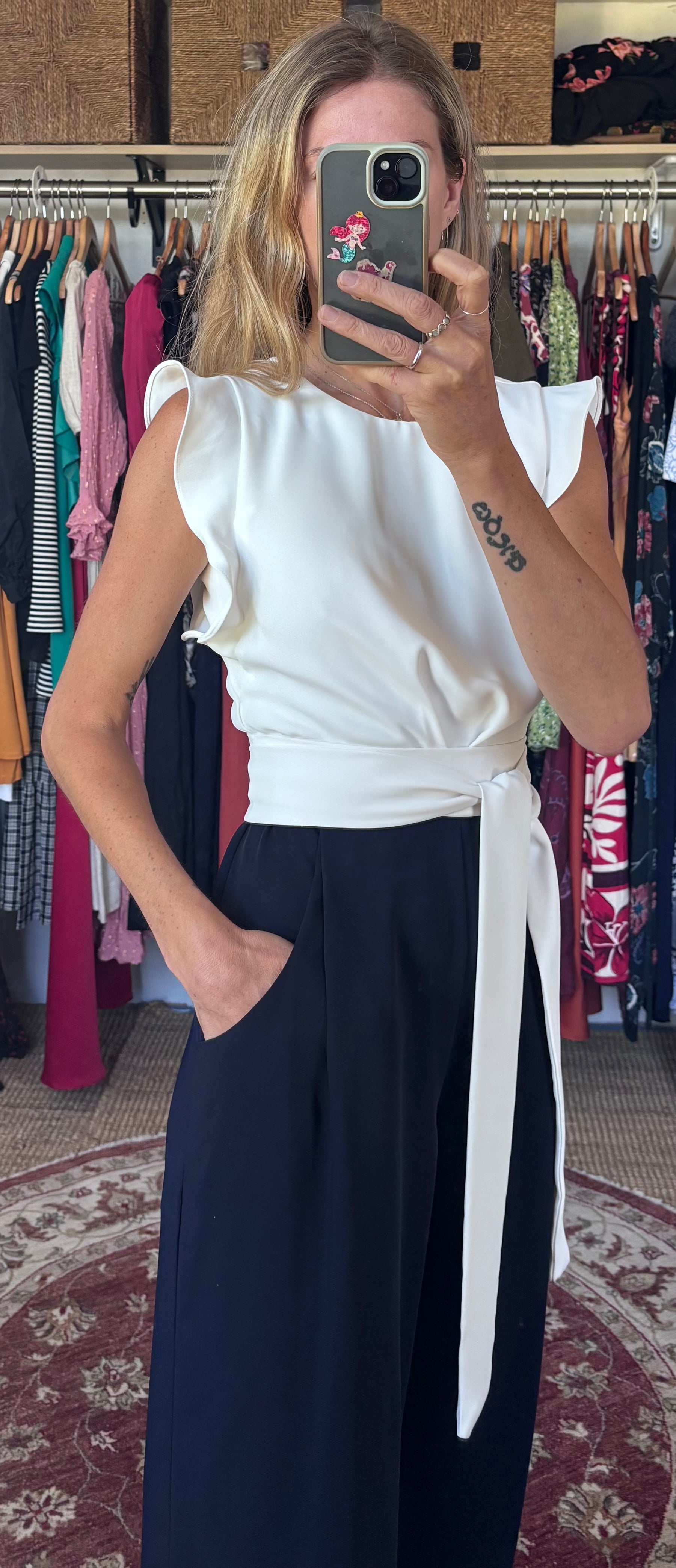 Phase Eight Ayla White Ruffle Two Tone Navy Blue Belted Pocket Wide Leg Tailored Jumpsuit