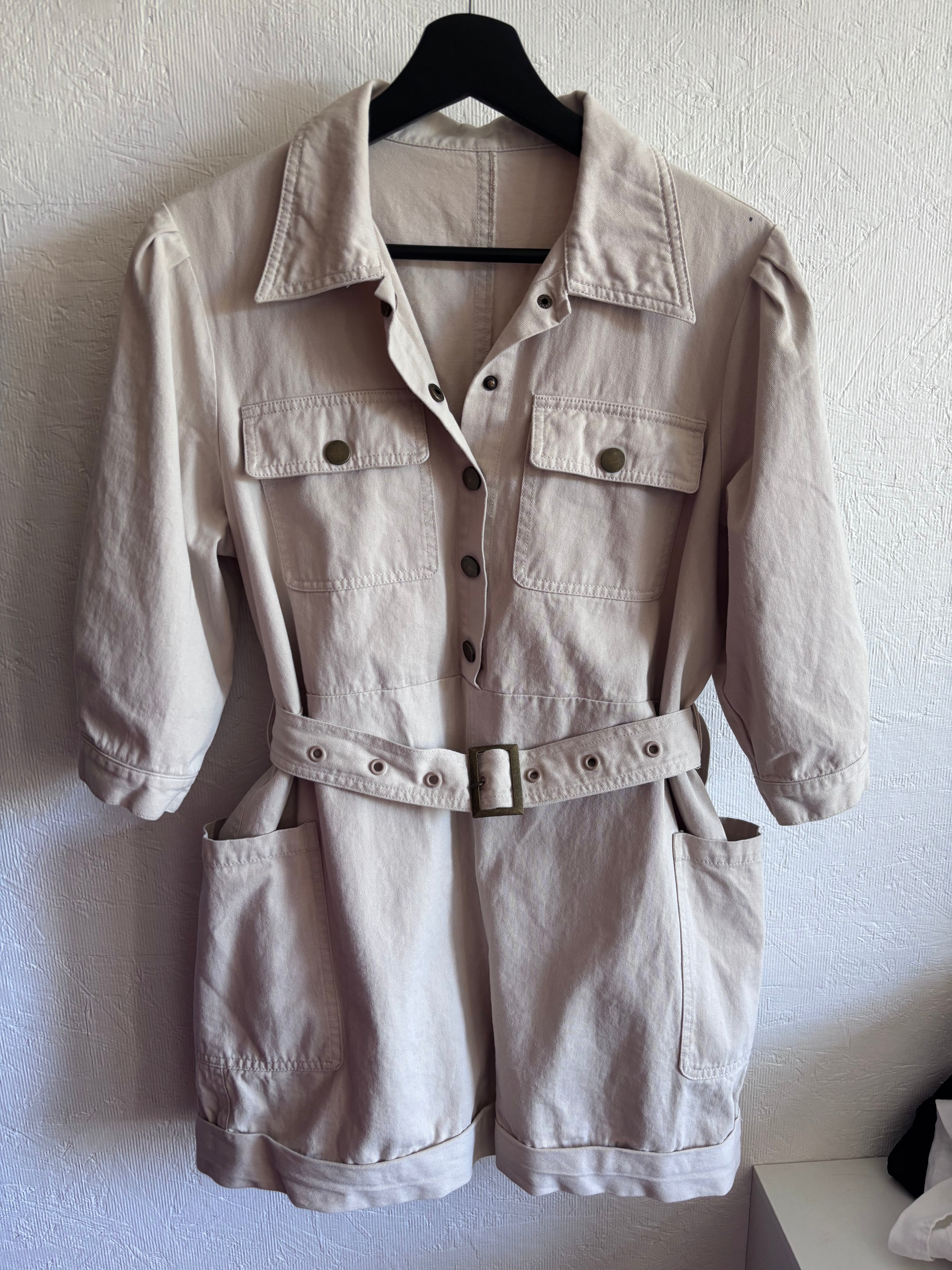Brandless Cream Belted Button Down Oversized Utility Combat Shorts Playsuit
