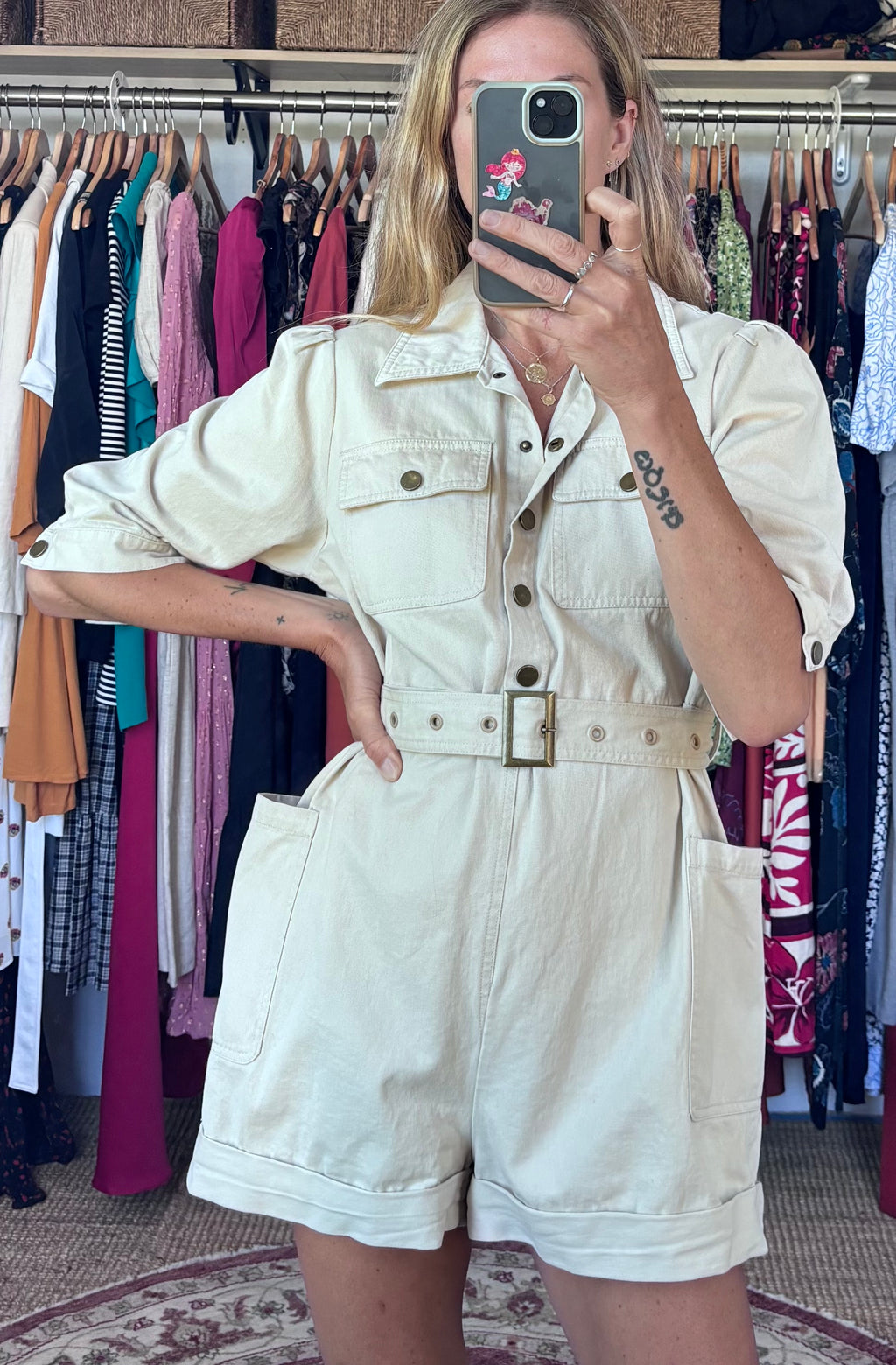 Brandless Cream Belted Button Down Oversized Utility Combat Shorts Playsuit