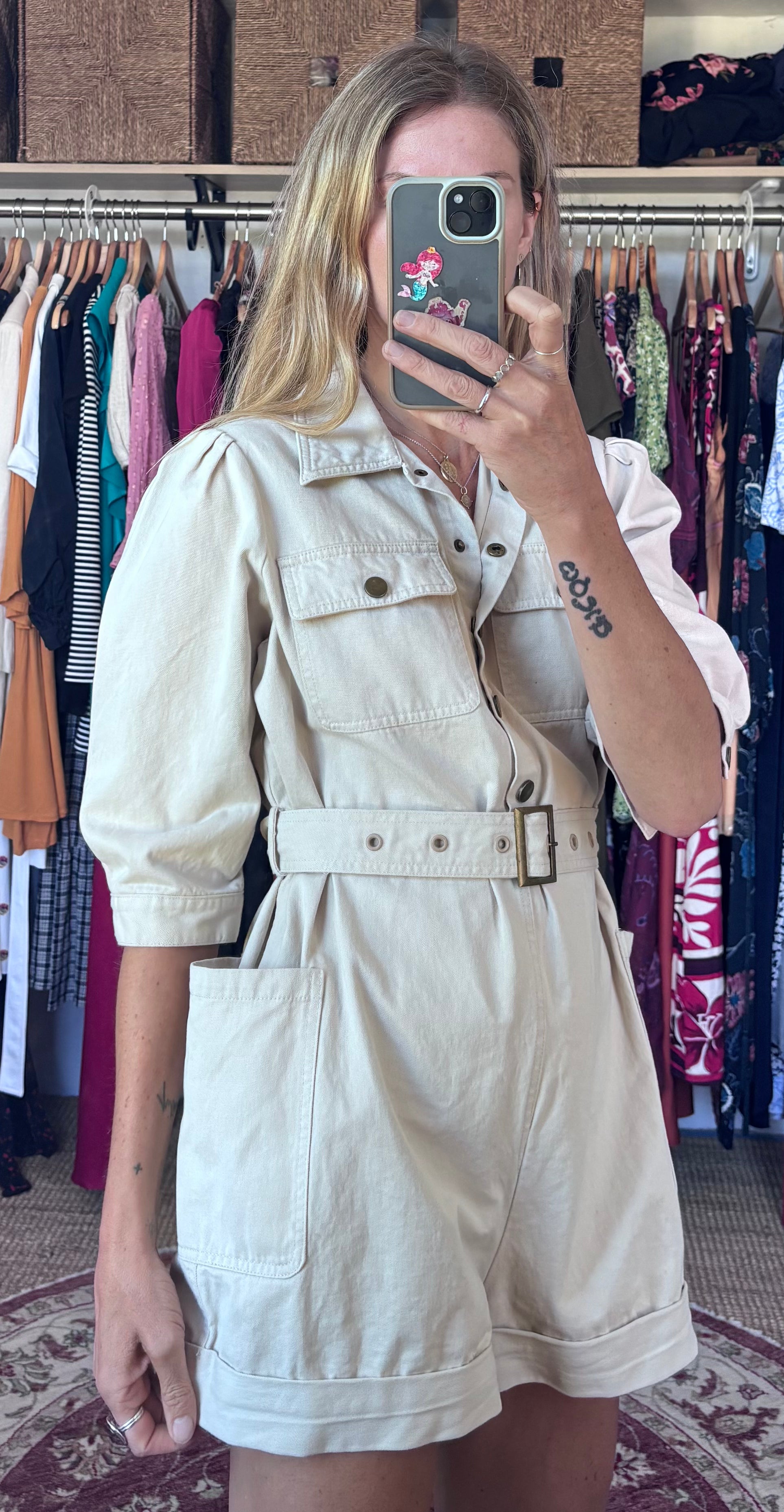 Brandless Cream Belted Button Down Oversized Utility Combat Shorts Playsuit