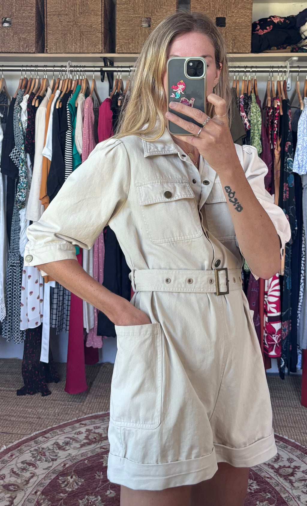Brandless Cream Belted Button Down Oversized Utility Combat Shorts Playsuit