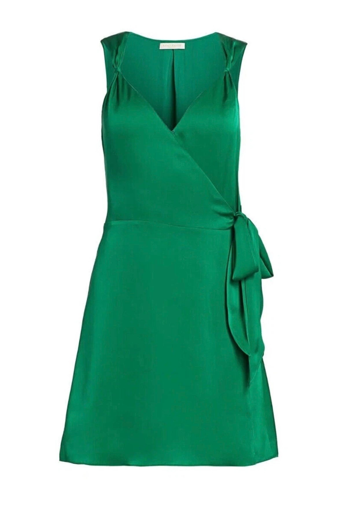 NWT Ramy Brook Emerald Jade Green Satin Charmeuse Mini Knot Detail Wrap Dress